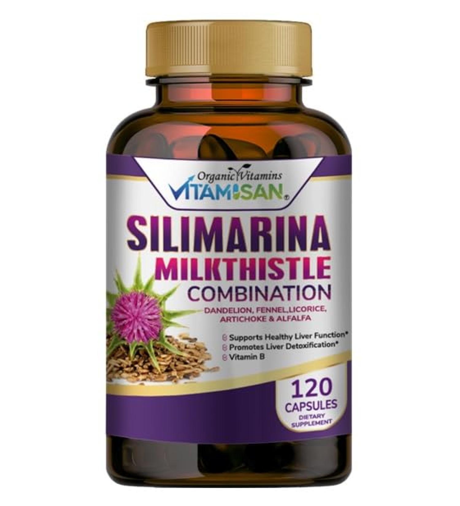 VITAMISAN Milk Thistle silimarina with Dandelion Fennel. Licorice Artichoke Alfalfa Detox & Cleansing Formula Support Liver 120 Capsules 120 Count (Pack of 1)