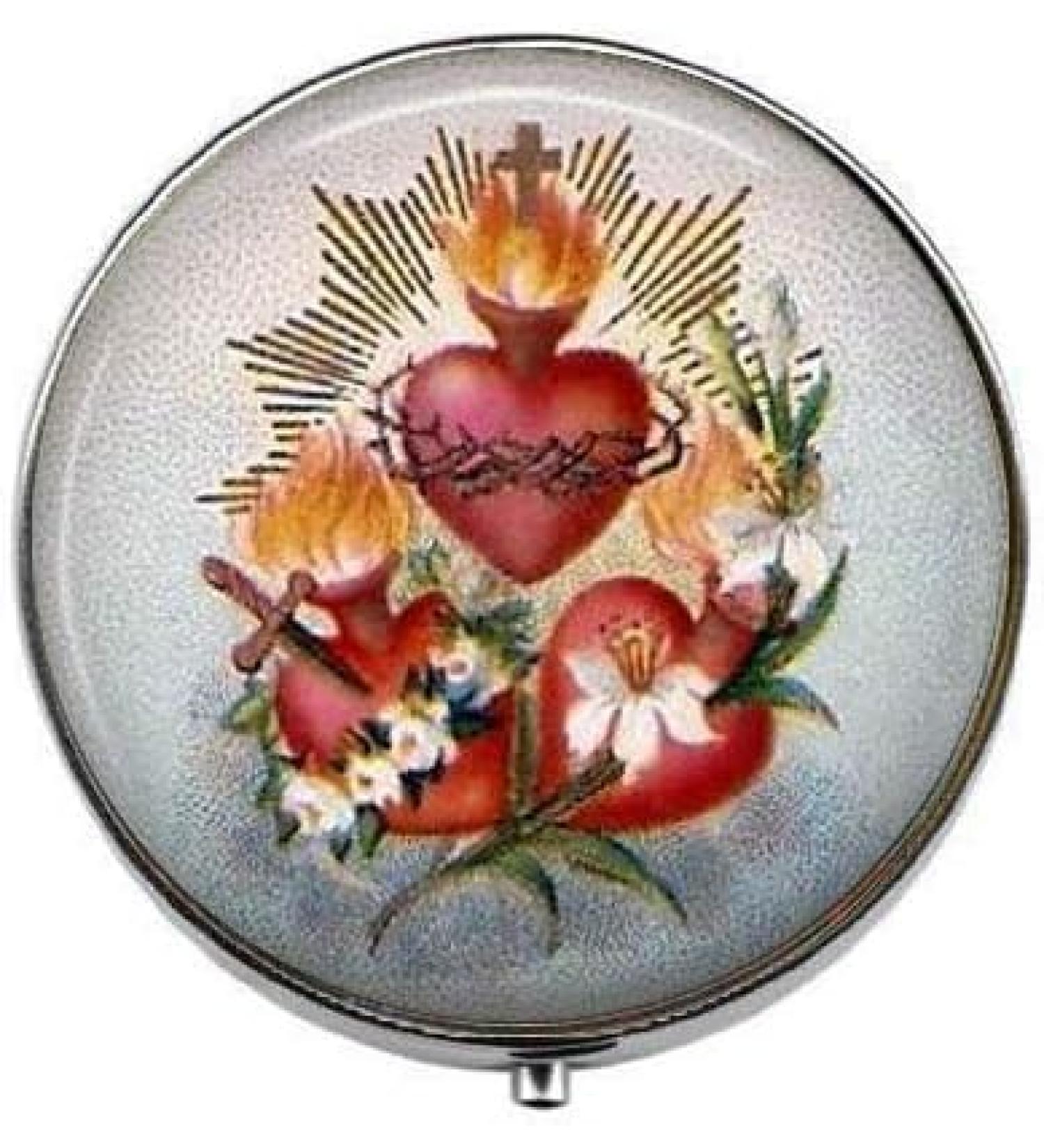 Three Sacred Hearts Art Photo Pill Box - Silver Charm Candy Box - Elegant 40mm Floral Design - Shop Internationally - Buy Online on GoSupps.com