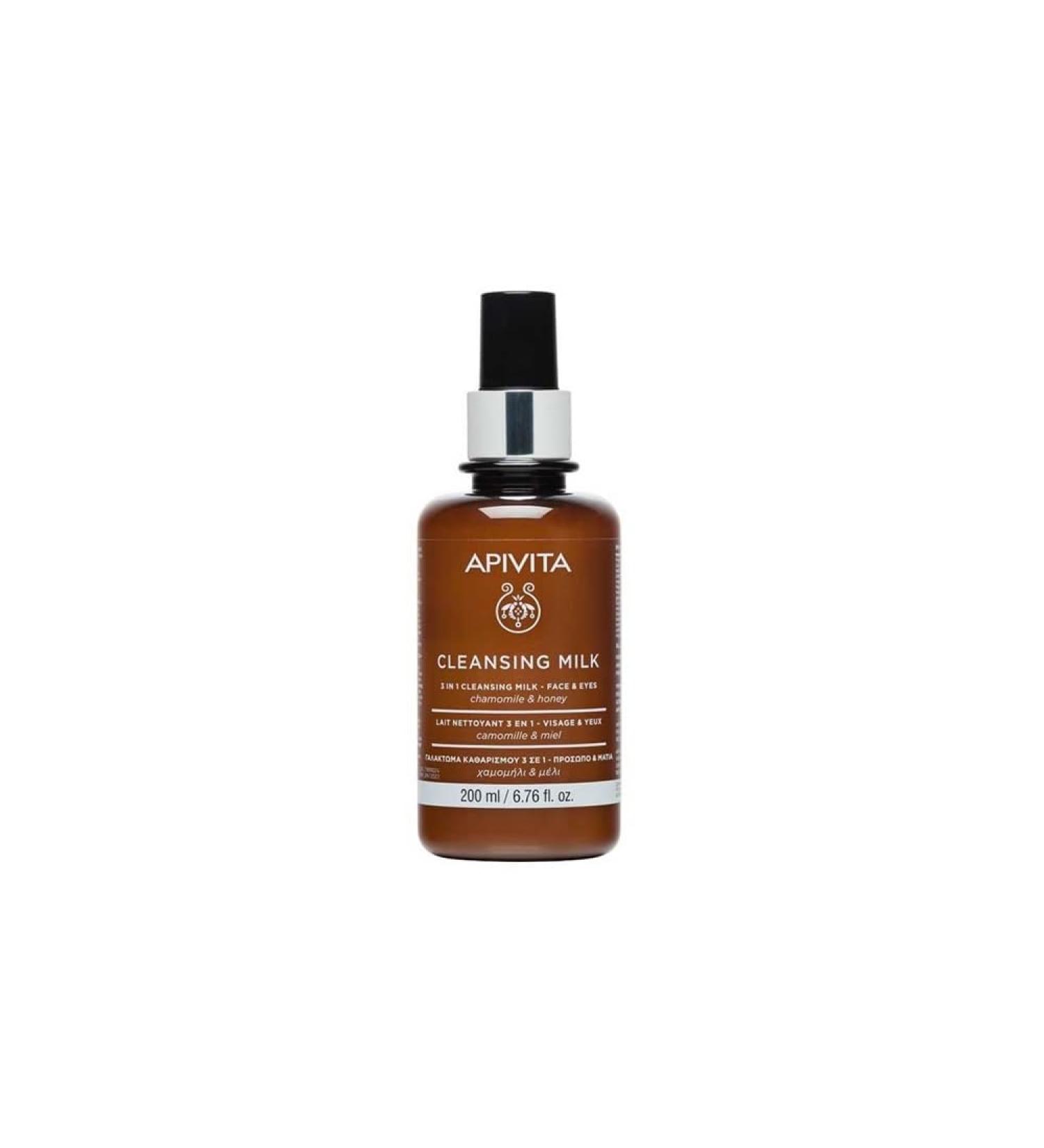 Apivita Lait nettoyant 3 en 1 pour visage et yeux 200 ml - Nettoyant doux pour le visage et le d maquillant au miel et la camomille hydrate