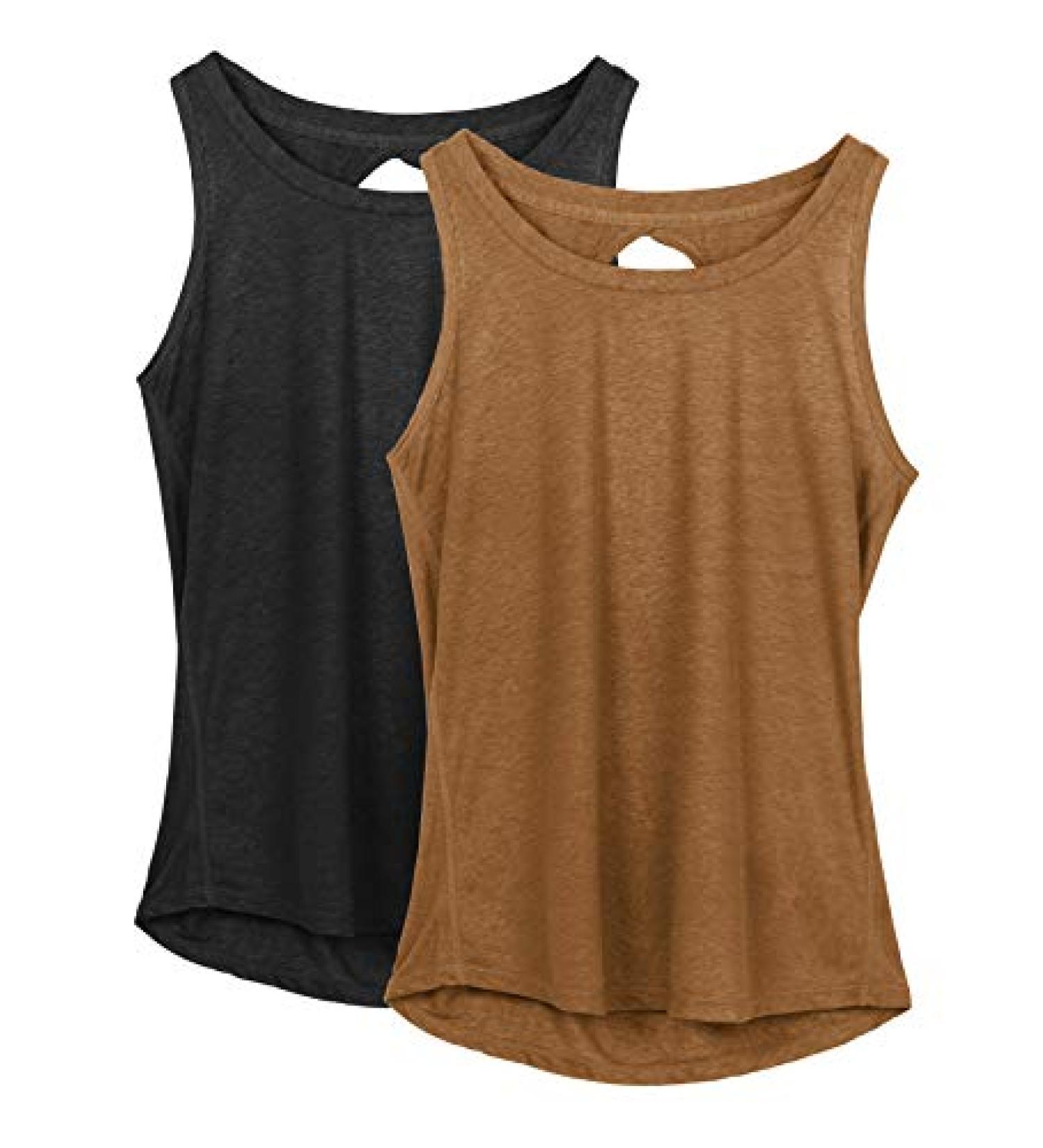 icyzone Open Back Yoga Tank Top - Medium Black/Golden Brown | Women's Racerback Activewear - Buy Online on GoSupps.com