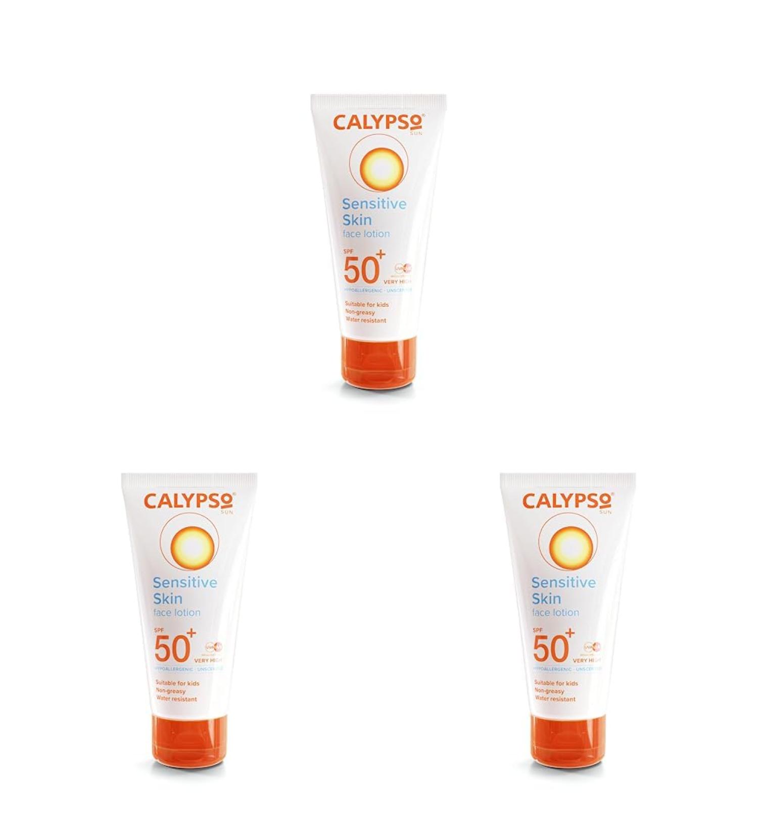 Calypso Sensitive Skin Face Sun Lotion | SPF 50+ Very High Protection Hypoallergenic Sunscreen Suitable for Kids Water Resistant 50ml (Pack of 3) 50 ml (Pack of 3) - Buy Online on GoSupps.com