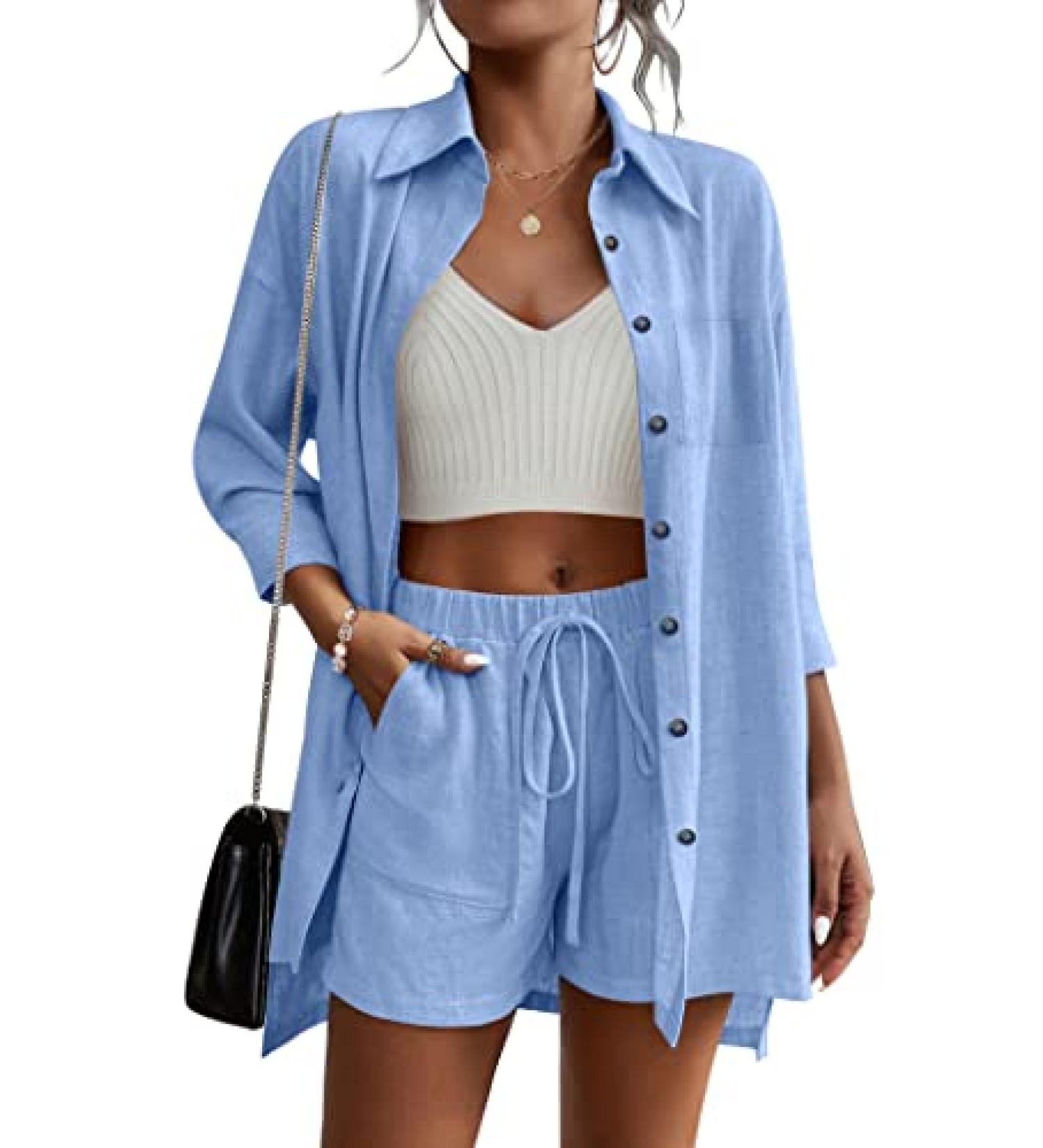 Beyove Women's Cotton Linen 2-Piece Lounge Set | Casual Tracksuit with Button Down Shirt and Drawstring Shorts | Clear Blue, Medium - Buy Online on GoSupps.com