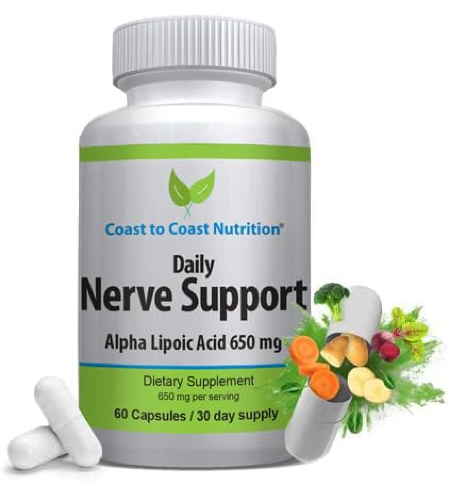 Coast to Coast Nutrition Nerve Support - Advanced Nerve Relief with Alpha Lipoic Acid 650 mg - Nerve Vitamins for Ease of Hands Legs and Foot Aches - 60 Capsules / 30 Day Supply - Buy Online on GoSupps.com