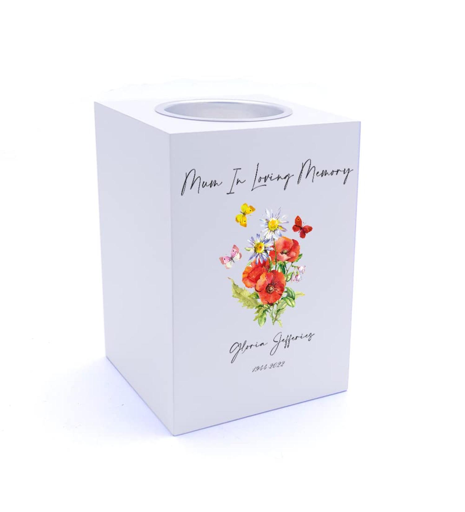 Personalised Mum Remembrance Memorial Tea Light Butterflies & Flowers