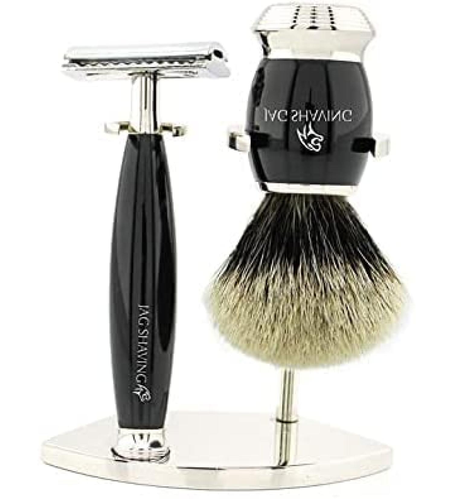 Double Edge Shaving Set with Silver-Tipped Badger Brush and Stainless Steel Shaving Stand by Jag Shaving