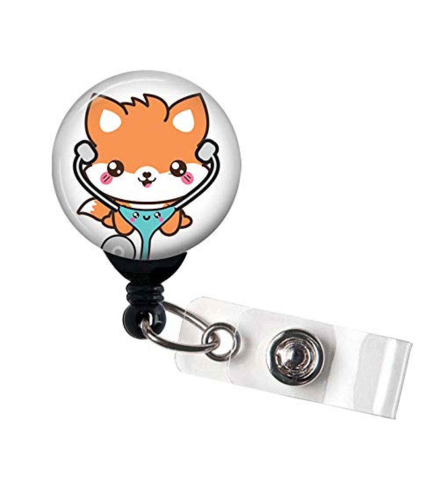 Fox with Stethoscope Kawaii - Retractable Badge Reel with Swivel Clip and Extra-Long 34 inch Cord - Badge Holder/Nurse/Medical/LPN/CNA/NP/Pediatric