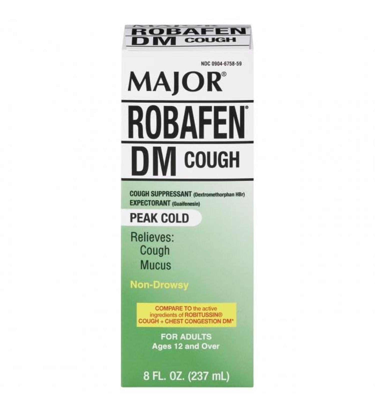 MAJOR Robafen DM Cough & Chest Congestion Cough Suppressant & Expectorant Dextromethorphan 20 mg/Guaifenesin 200 mg Raspberry Flavor Cough Syrup - 8 Fl Oz