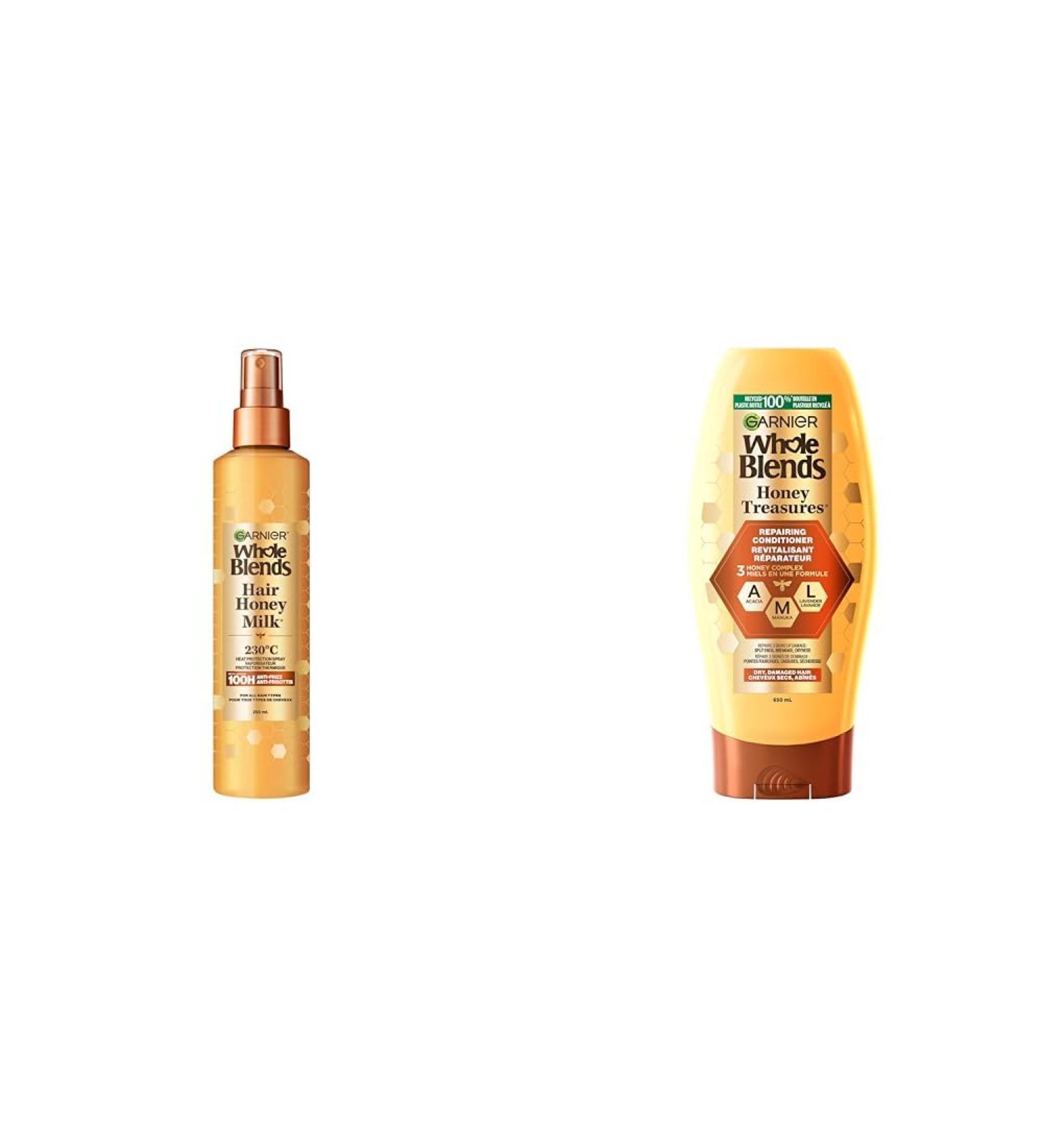 Garnier Whole Blends Heat Protectant Spray for Damaged Hair Sulfate Free Prevents Breakage & Whole Blends Honey Treasures Repairing Conditioner for Damaged and Dry Hair Repairs Split - Buy Online on GoSupps.com