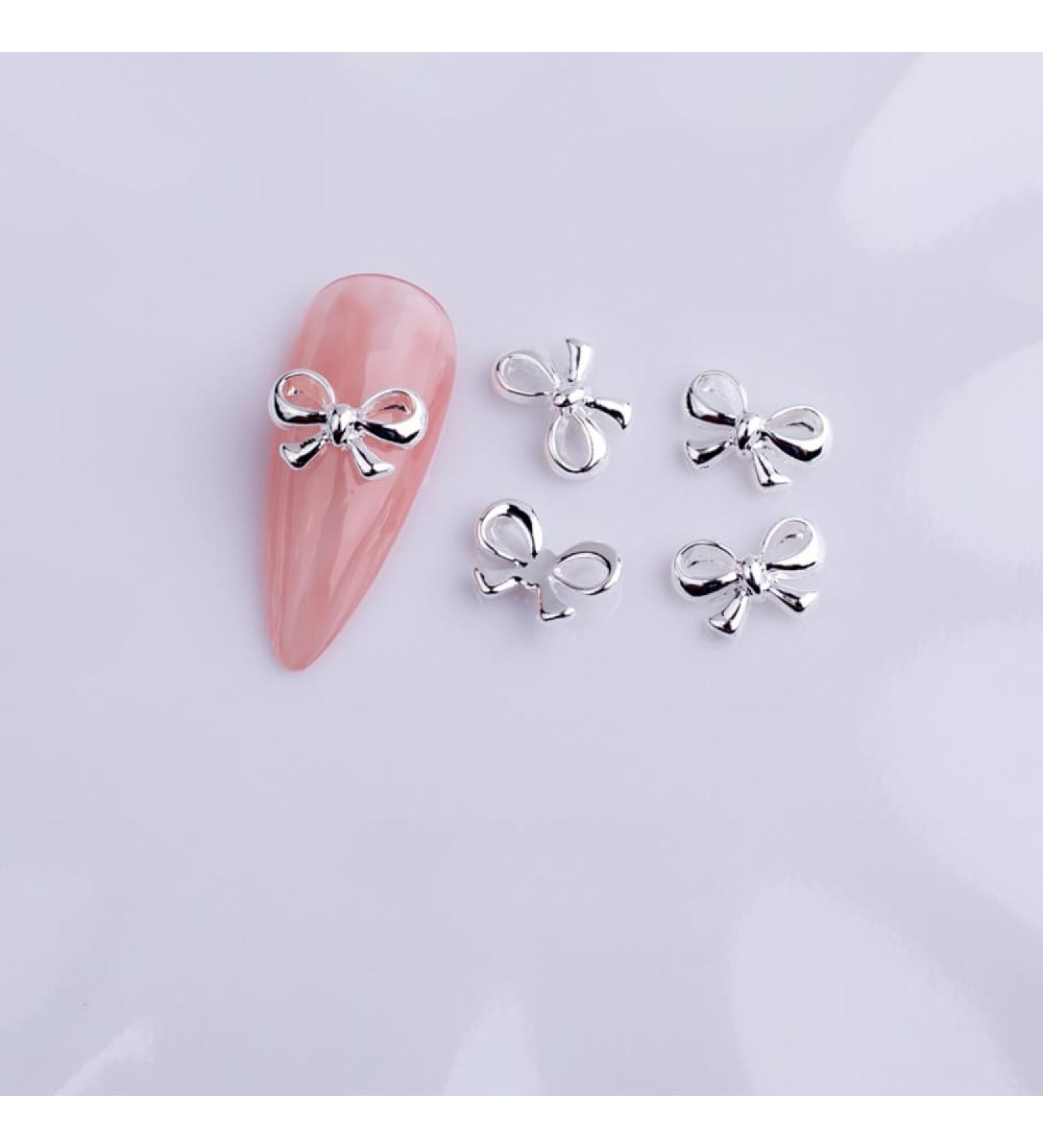 10pcs Nail Art Ribbon Bow Studs Silver Golden Metal 3D Butterfly Charms Nail Decoration Manicure DIY Design Accessories (8031)