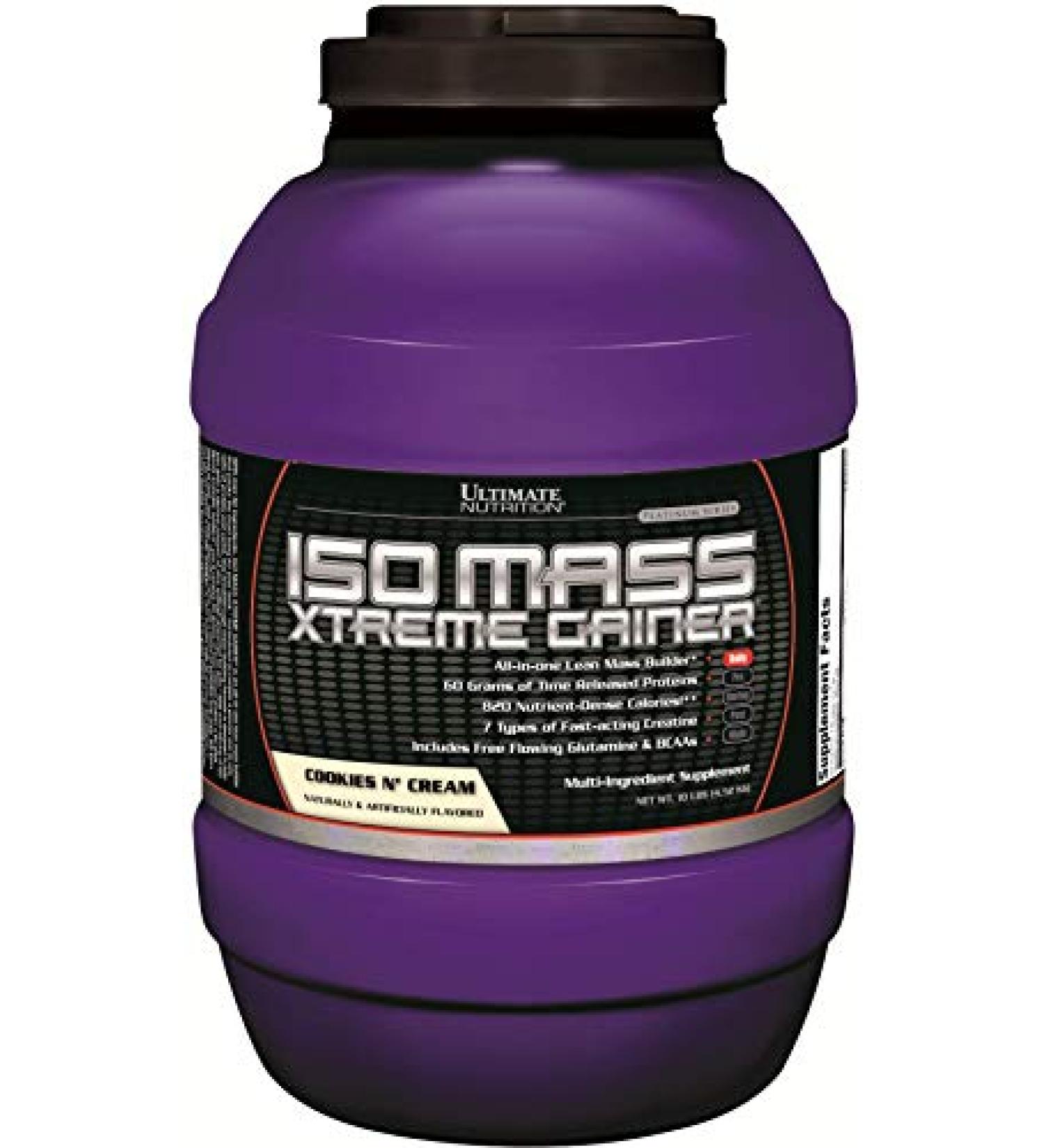 Ultimate Nutrition ISO Mass Xtreme Gainer - 60g Protein Weight Gainer Powder with Creatine Lean Muscle 10lbs Cookies N Cream - Buy Online on GoSupps.com