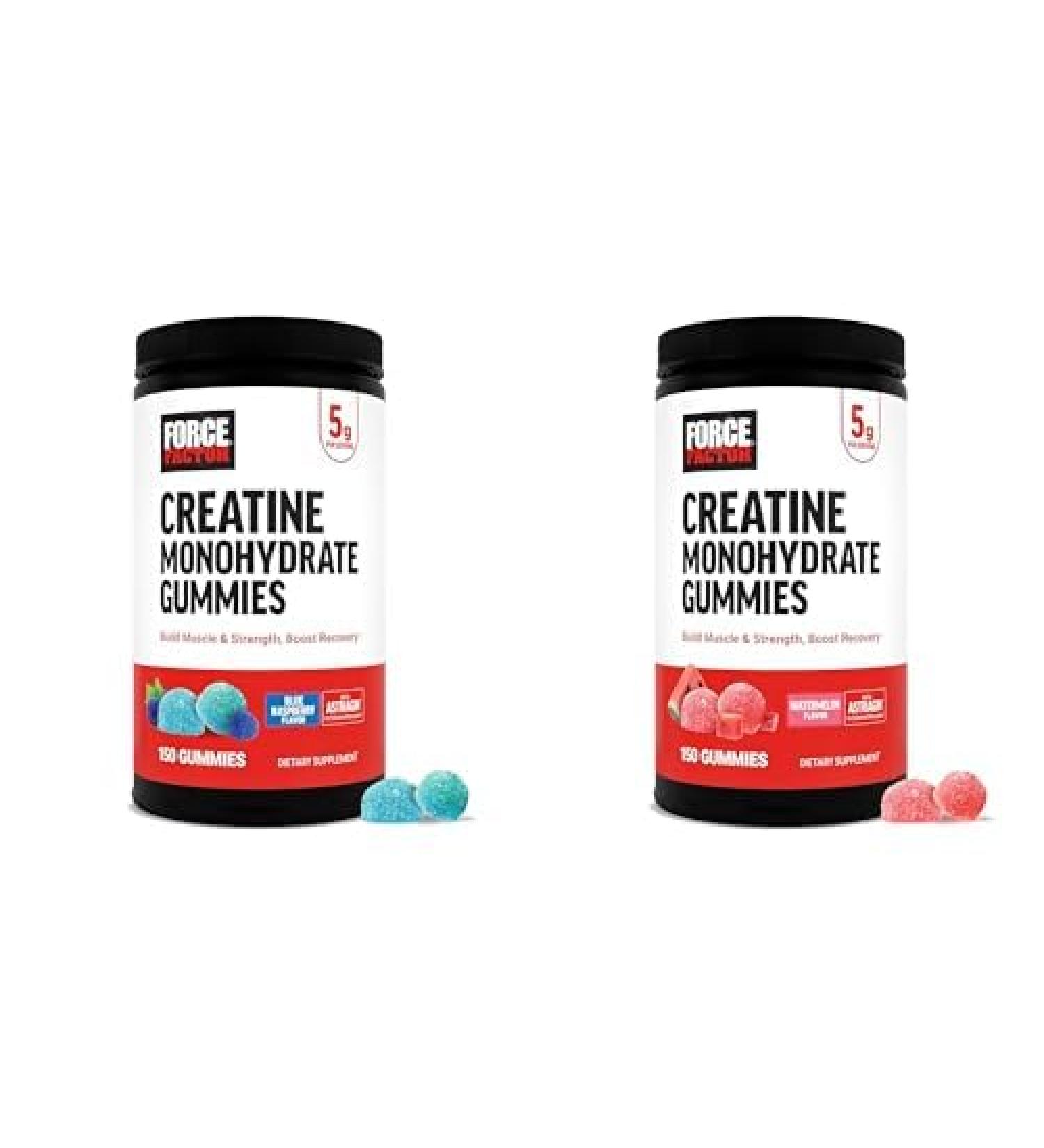 Force Factor Creatine Monohydrate Gummies Bundle - 5g Dose for Muscle & Cognitive Support - Blue Raspberry & Watermelon Flavors 150 Gummies Each