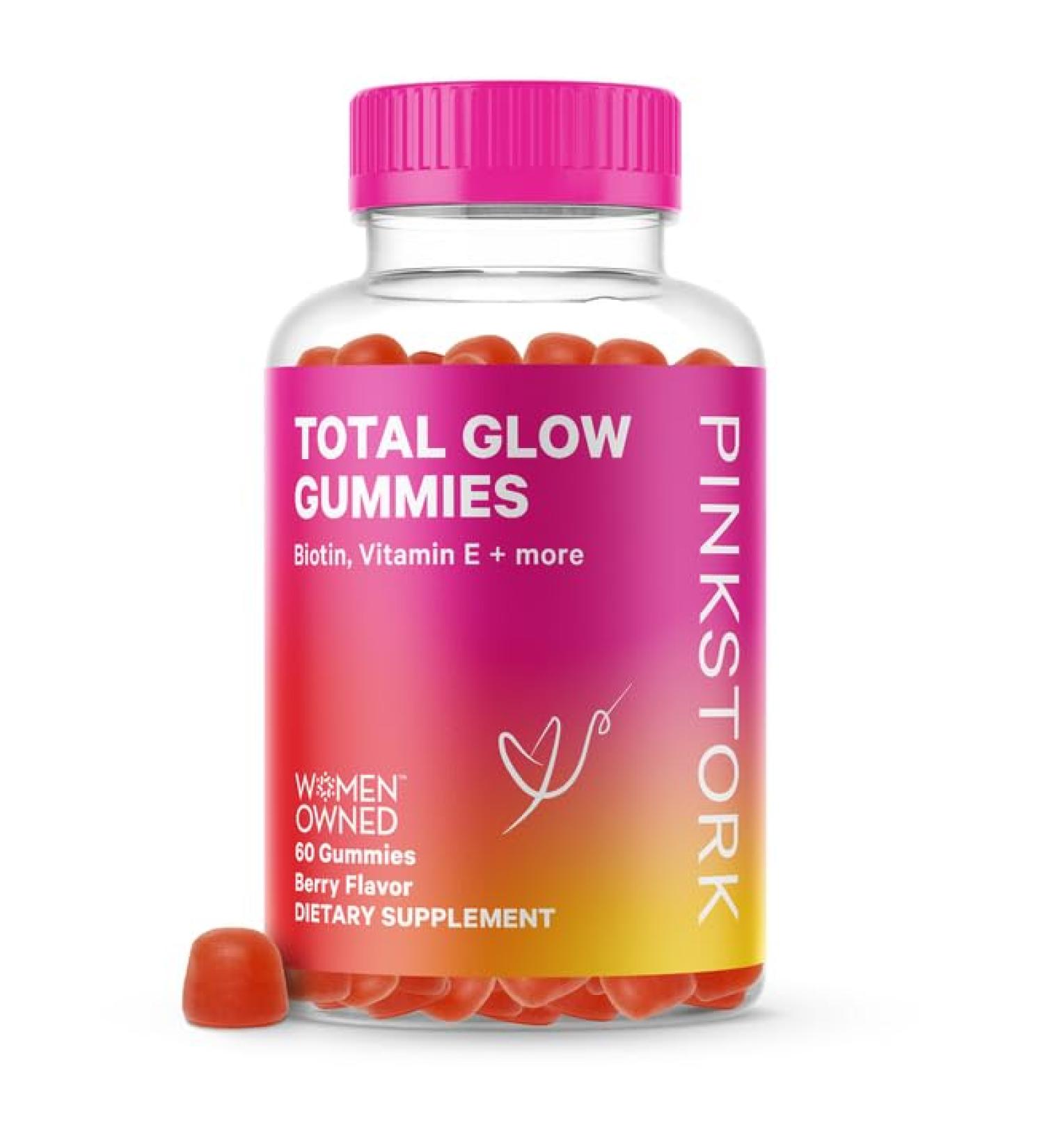 Pink Stork Total Glow Biotin Gummies - Hair, Skin, Nail Vitamins with Added Vitamin A, E, Folate, B6, B12 - 60 Berry Gummies - Buy Online on GoSupps.com