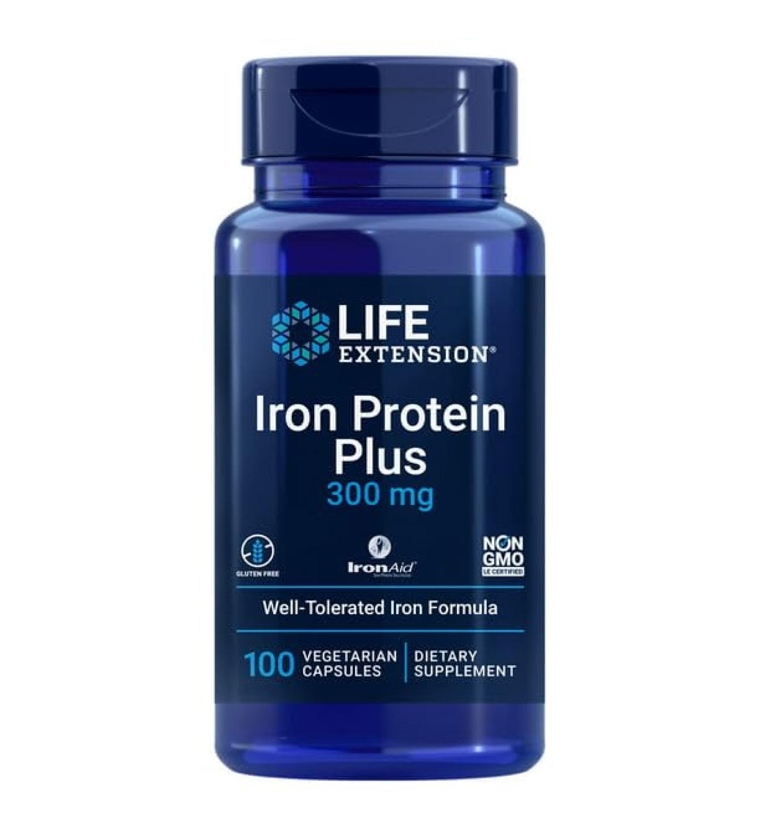 Life Extension Iron Protein Plus 300 mg - Supports Red Blood Cell & Protein Production - 100 Vegetarian Capsules - Buy Online on GoSupps.com