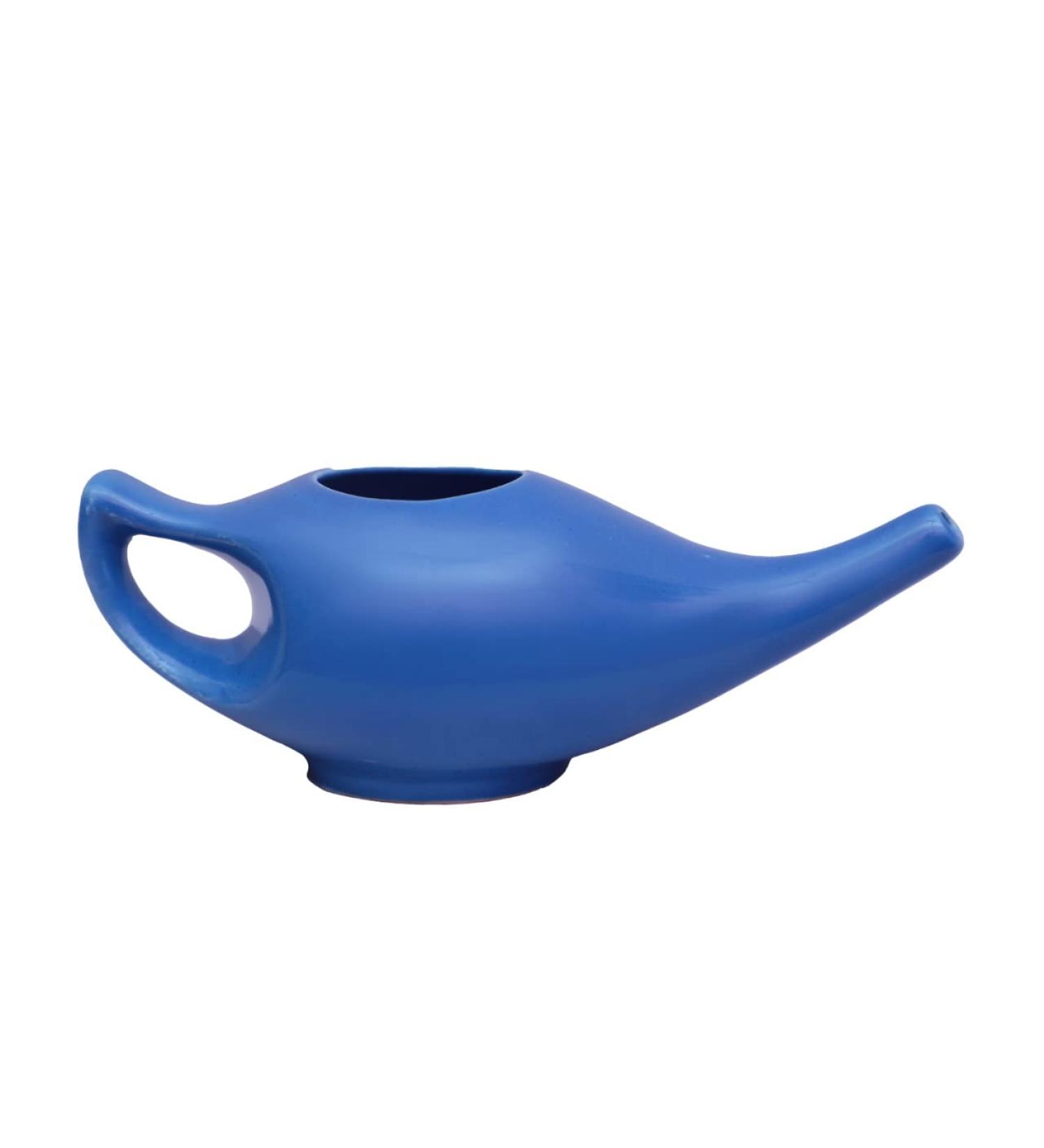 HEALTHANDWEALTH Ceramic Neti Pot for Nasal Cleansing | Natural Sinus Infection Treatment + 10 Sachet Neti Salt | 225ml Capacity (Blue) - Buy Online on GoSupps.com