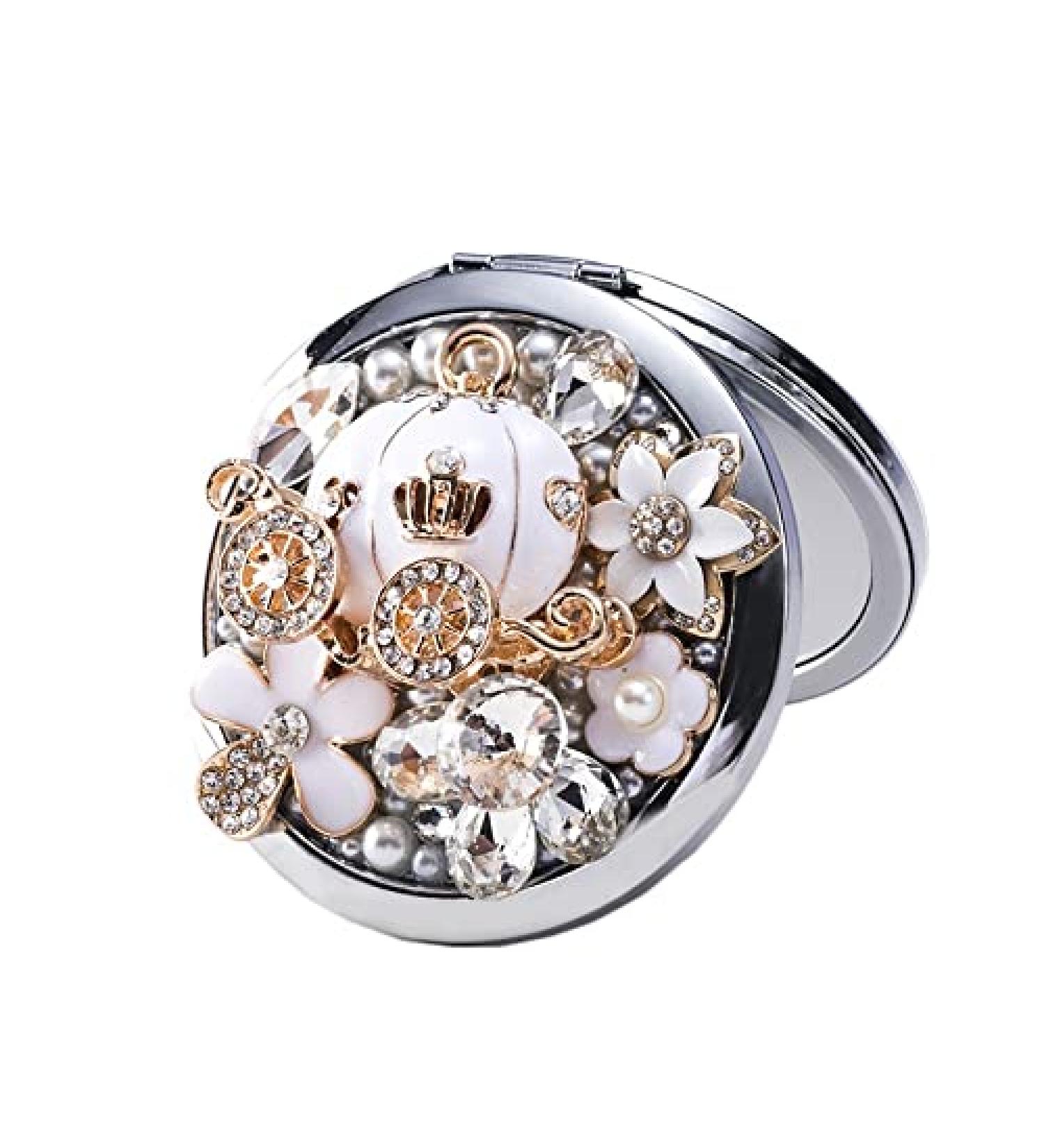 Sheng Handmade Diamond Folding Travel Compact Mirror | Rhinestone Makeup Mirror 1X/2X Magnification | Portable Pumpkin Car Design - Buy Online on GoSupps.com