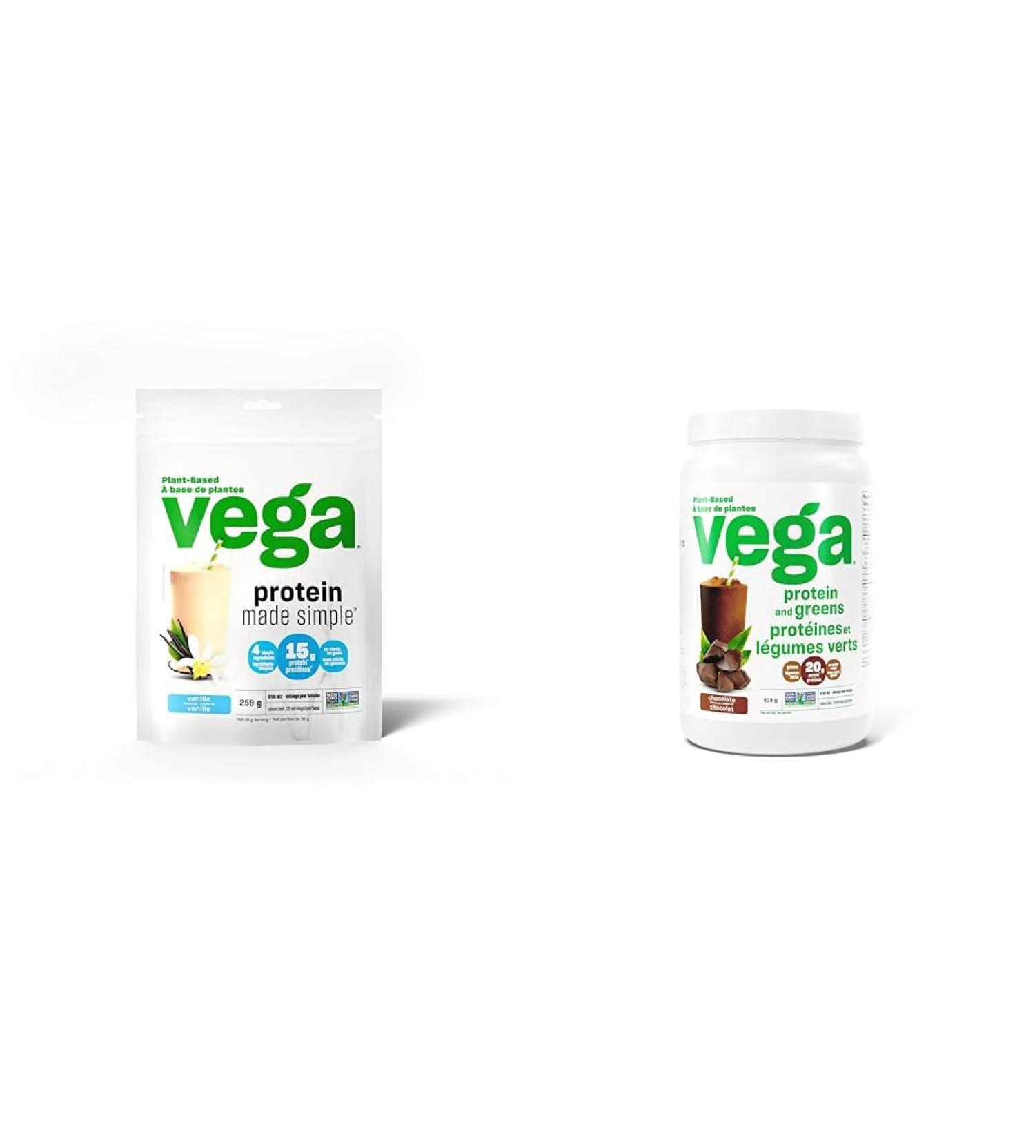 Vega Protein Made Simple - Vanilla (259g) & Protein and Greens Chocolate (19 Servings) Plant Based Protein Powder Plus Veggies n Non GMO Pea Protein For Women and Men 618g (Packaging May Vary) - Buy Online on GoSupps.com