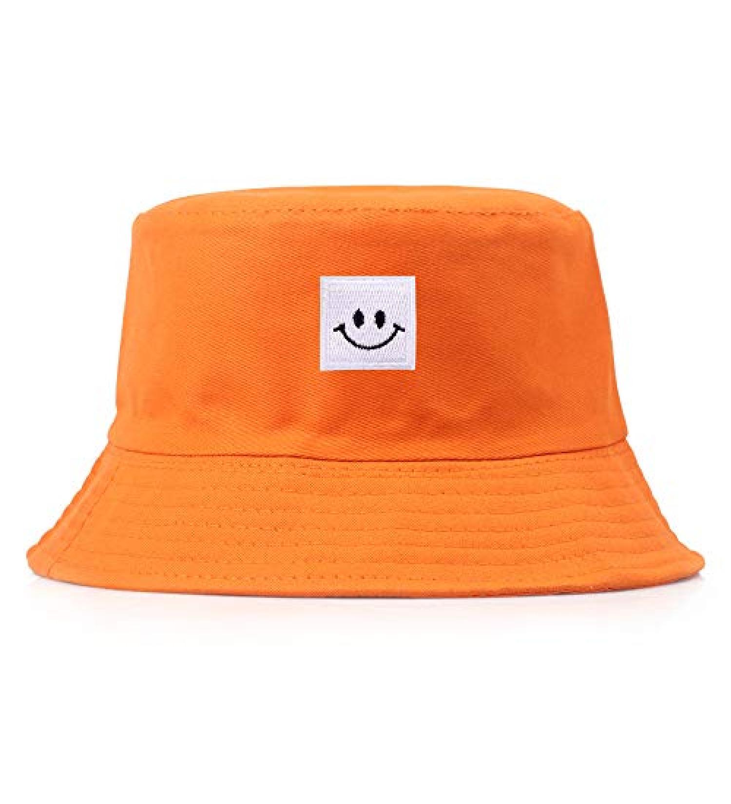 Ceoon Unisex Embroidered Smiley Face Bucket Hat Panama Cap Sun Prevent Hats Orange