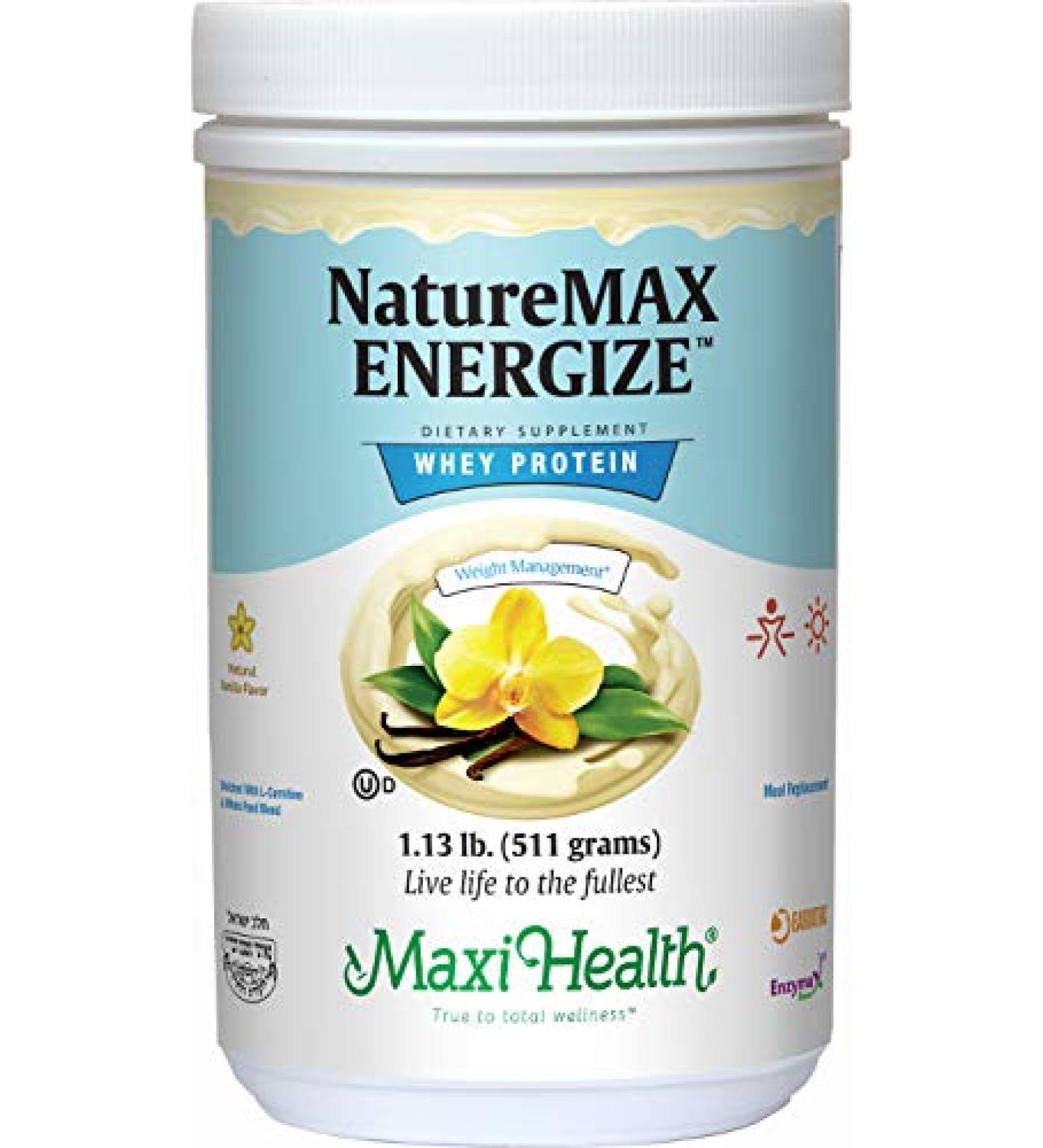 Maxi-Health NatureMax Energize Whey Protein Powder- Diet Supplement Meal Replacement - 20g Protein Per Serving - Natural Vanilla Flavor - Kosher Dairy Vitamin - 1.17lb
