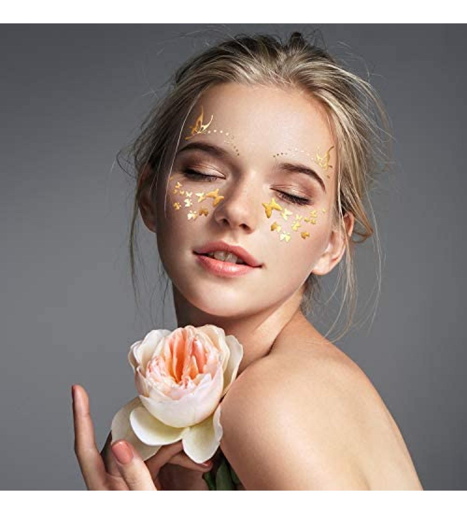 20 Sheets Face Metallic Temporary Tattoo Stickers - Gold Transfer Freckle Stickers for Women, Girls, Halloween Makeup, Dancer Costume Parties - Buy Online on GoSupps.com