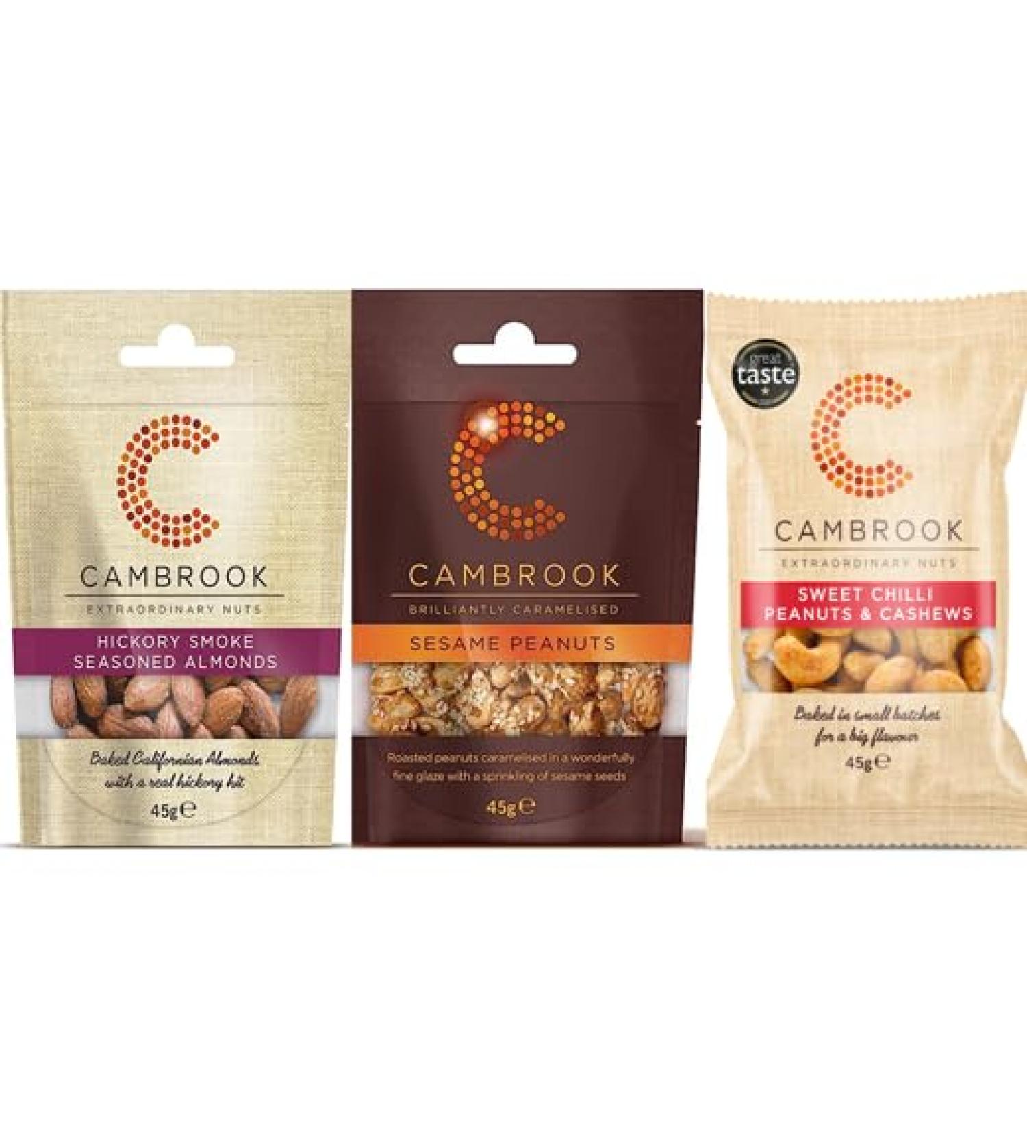 Cambrook | Almonds Hickory Smoke Seasoned 45g | Peanuts Caramelised Sesame Seeds 45g | Sweet Chilli Peanuts & Cashews 45g by Food Sanctuary - Buy Online on GoSupps.com