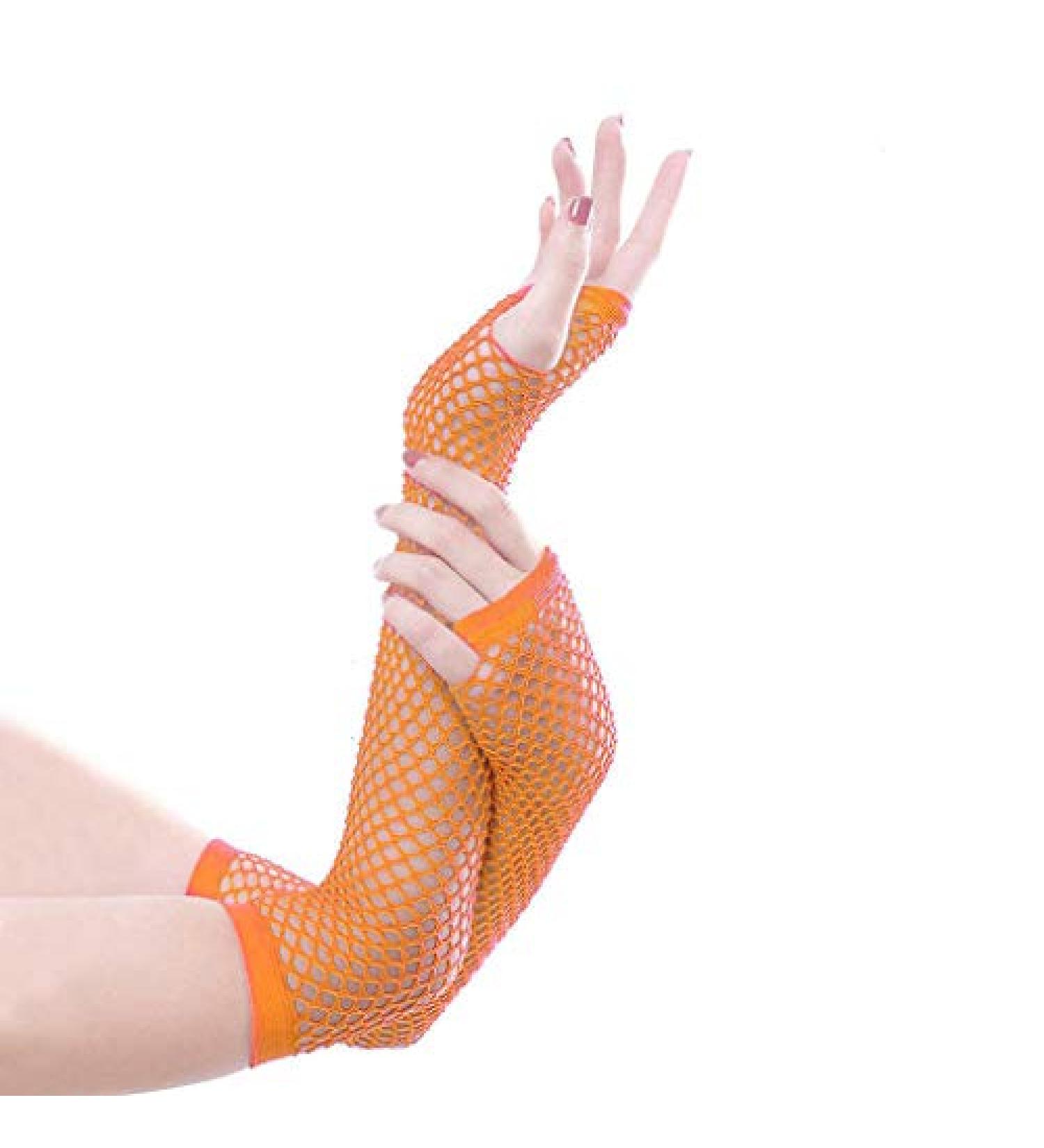xoxingysm Women Fishnet Fingerless Gloves, Elbow Length Long Gloves,Hollow Fishnet Gloves for Punk Performance Gloves Orange One Size