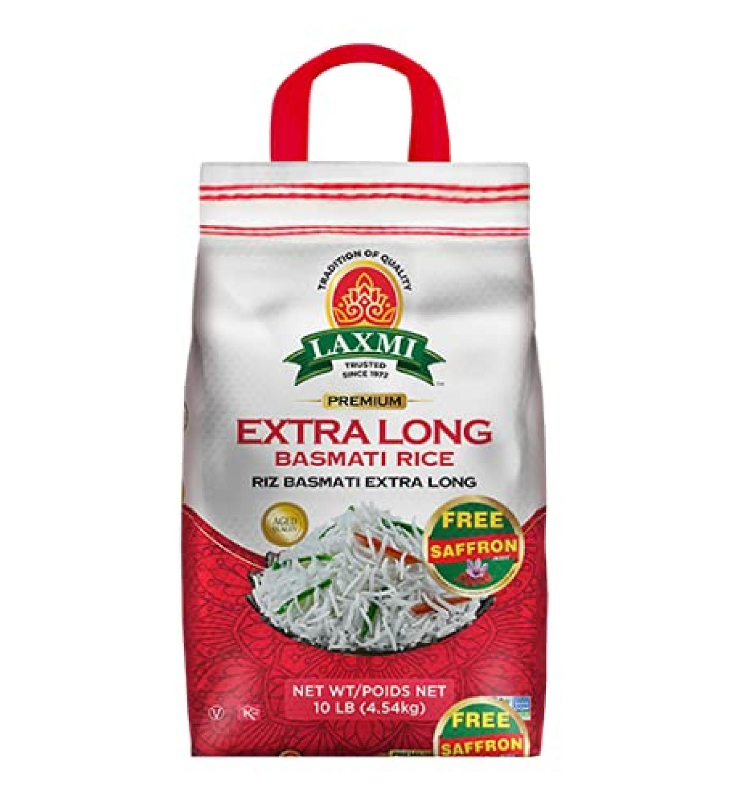 Laxmi Brand Extra Long Grain Basmati Rice with Free Saffron - 10lb - Made Pure & Fresh - Tradition of Quality Since 1972 - Product of India - Buy Online on GoSupps.com