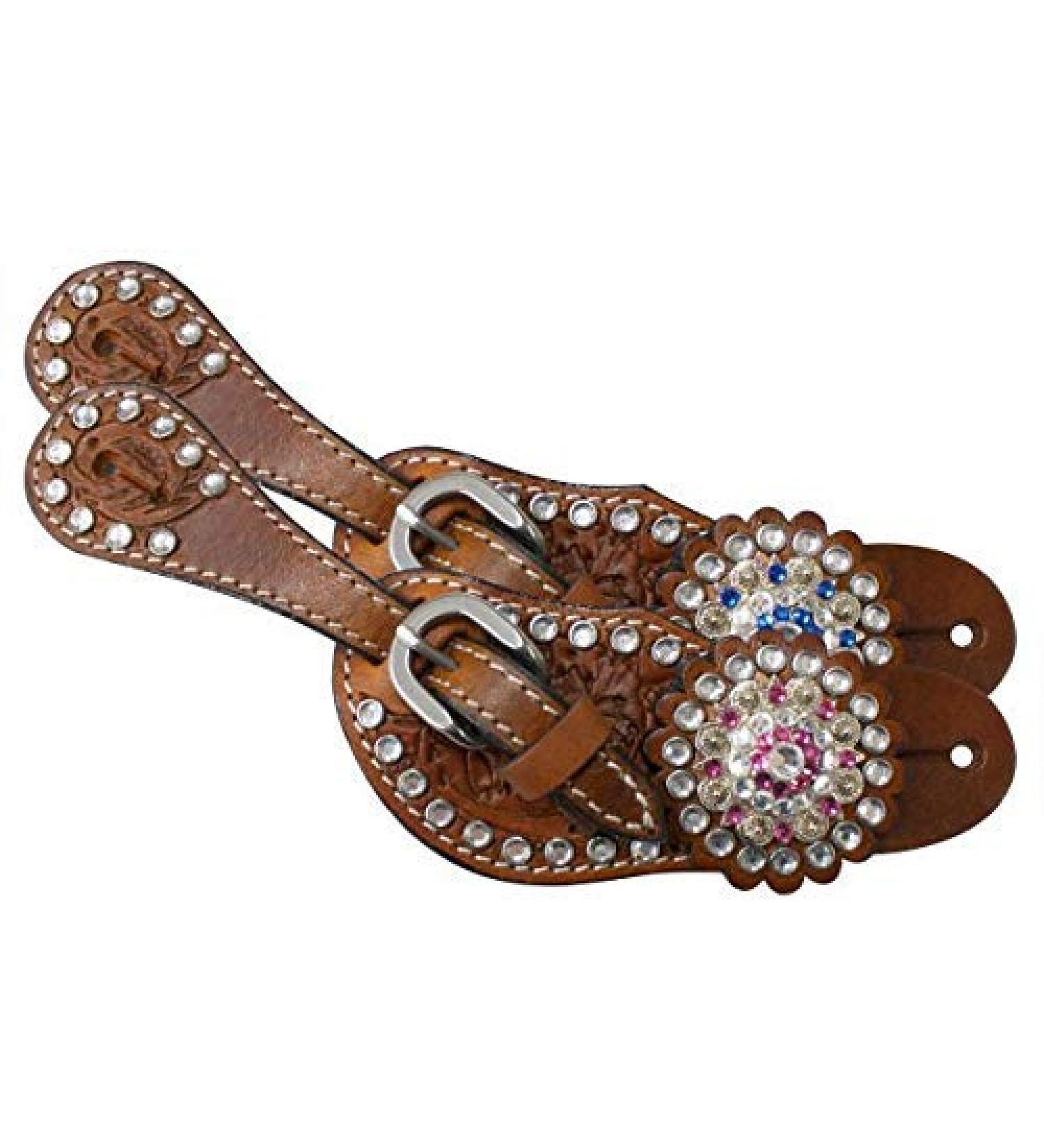 Showman Youth Crystal Rhinestone Leather Spur Straps Teal