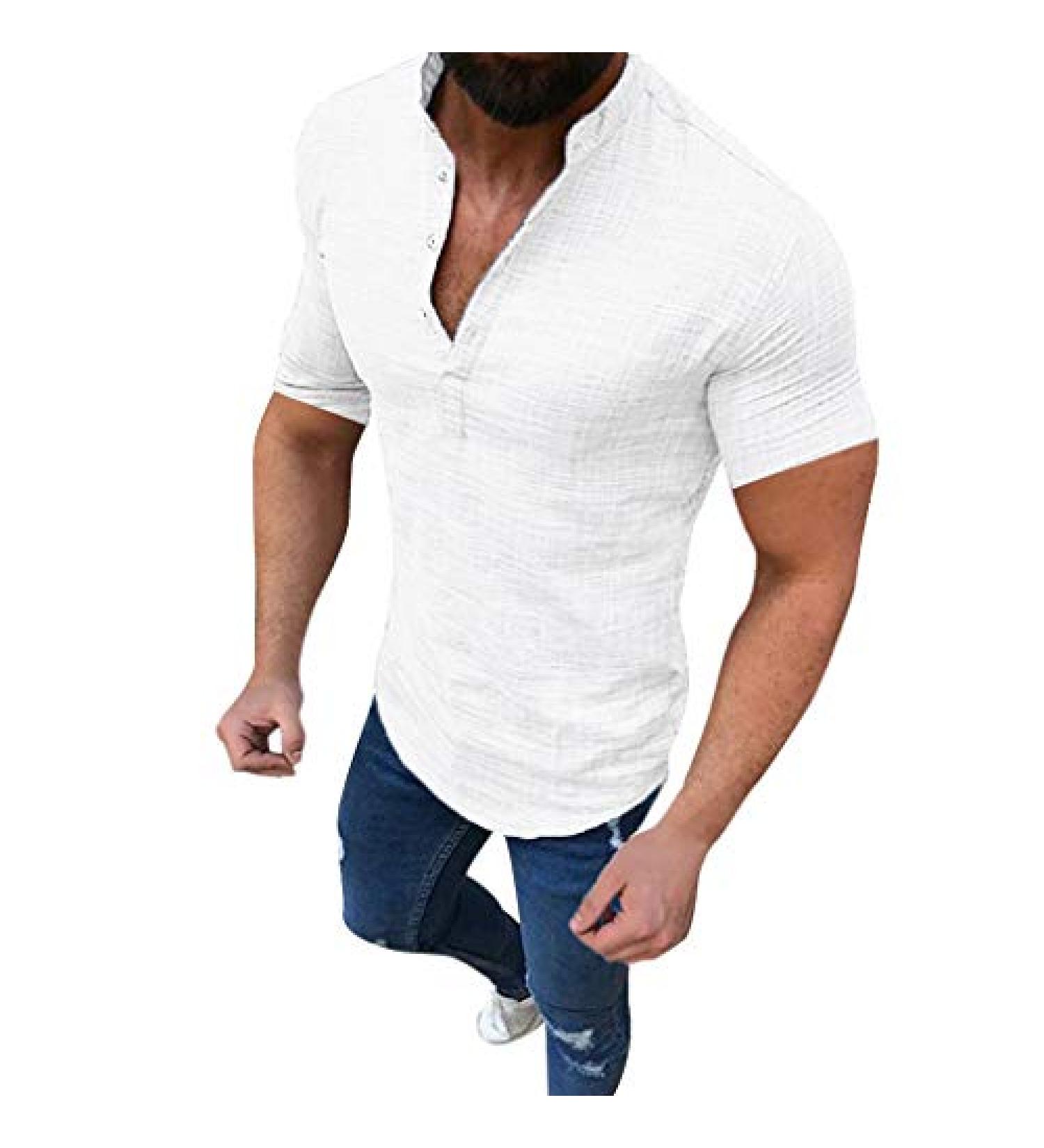 2022 Men's Fashion Cotton Linen Henley V-Neck Shirt - White Medium | Slim Fit Casual Summer Beach Top - Buy Online on GoSupps.com