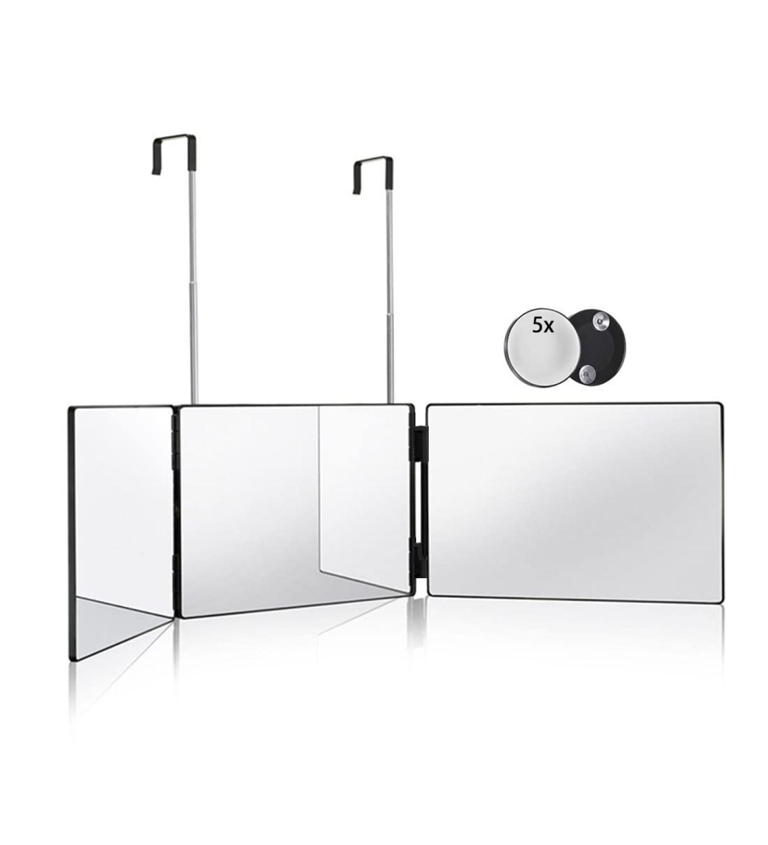HIEEY 3 Way 360 Trifold Mirror for Hair Cutting/Styling & Makeup | Height Adjustable Telescoping Hooks | 5X Magnification | Bright Black - Buy Online on GoSupps.com