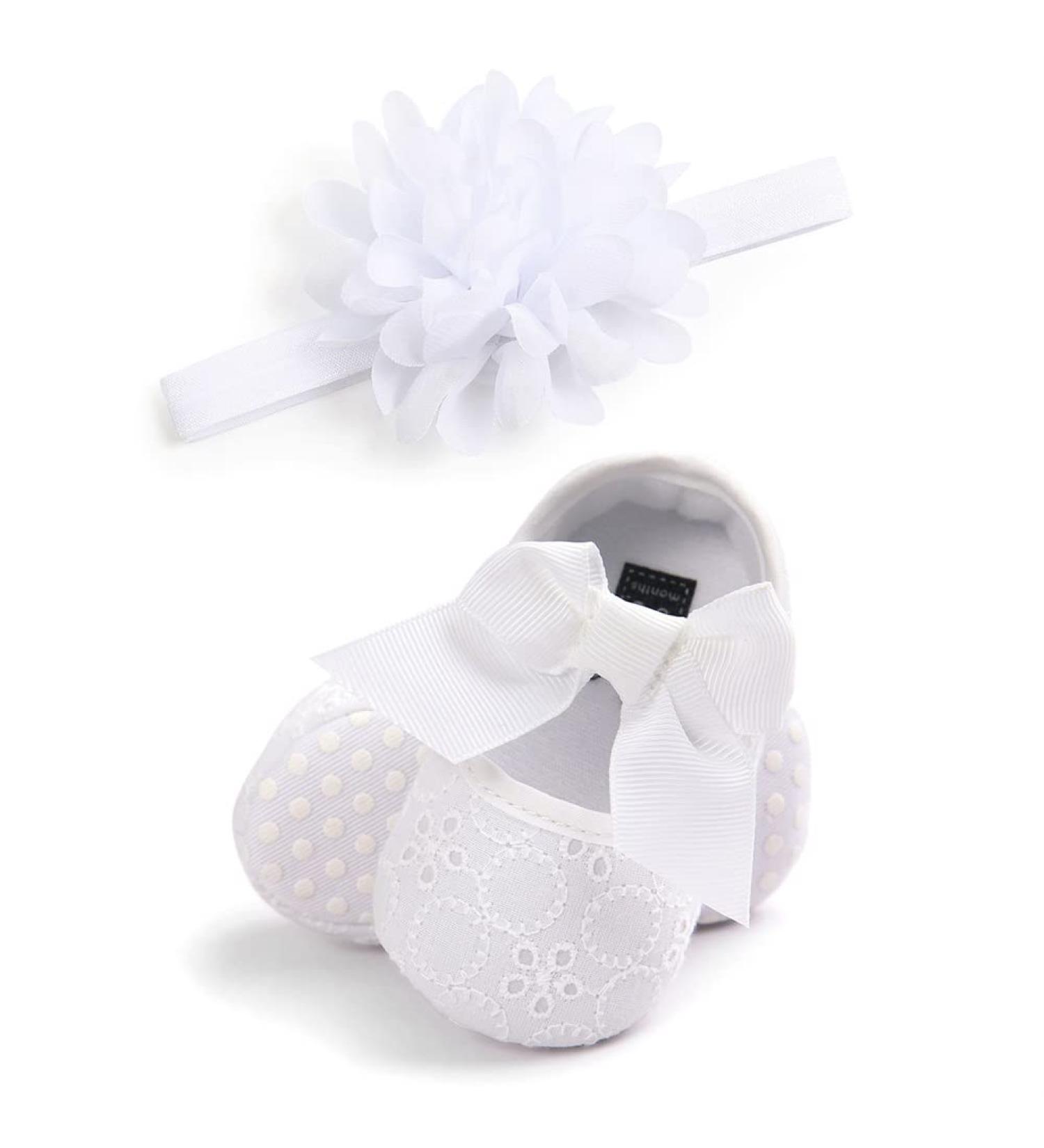 MACHSWON Baby Girls White Mary Jane First Walking Shoes with Bow-Knot and Headband | Anti-Slip Soft-Soled Princess Shoes for Infant Girls 3-6 Months - Buy Online on GoSupps.com