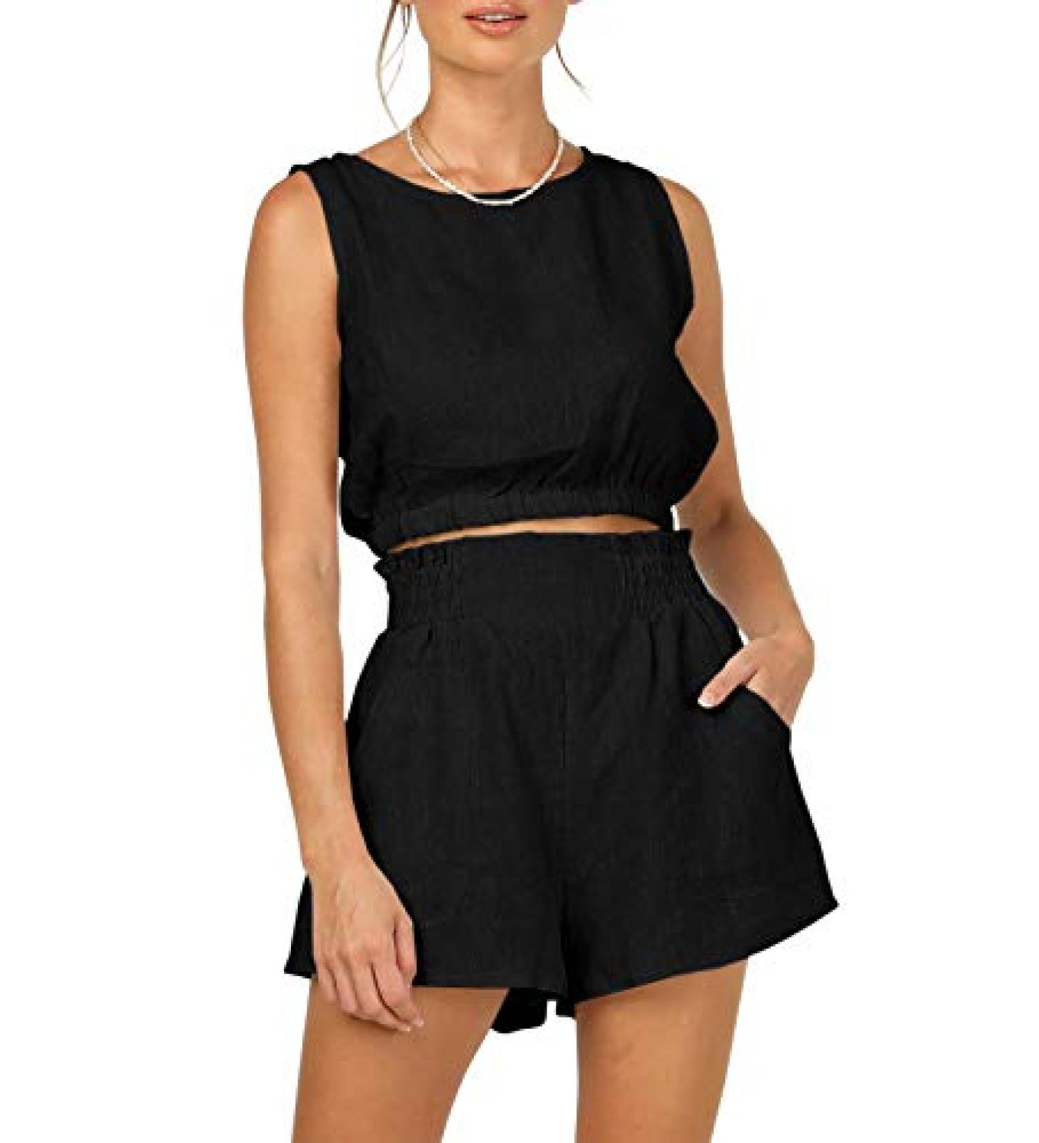 Eurivicy Women's Sleeveless Crop Tank Top and High Waist Pocketed Shorts Set - Black, Medium - Buy Online on GoSupps.com