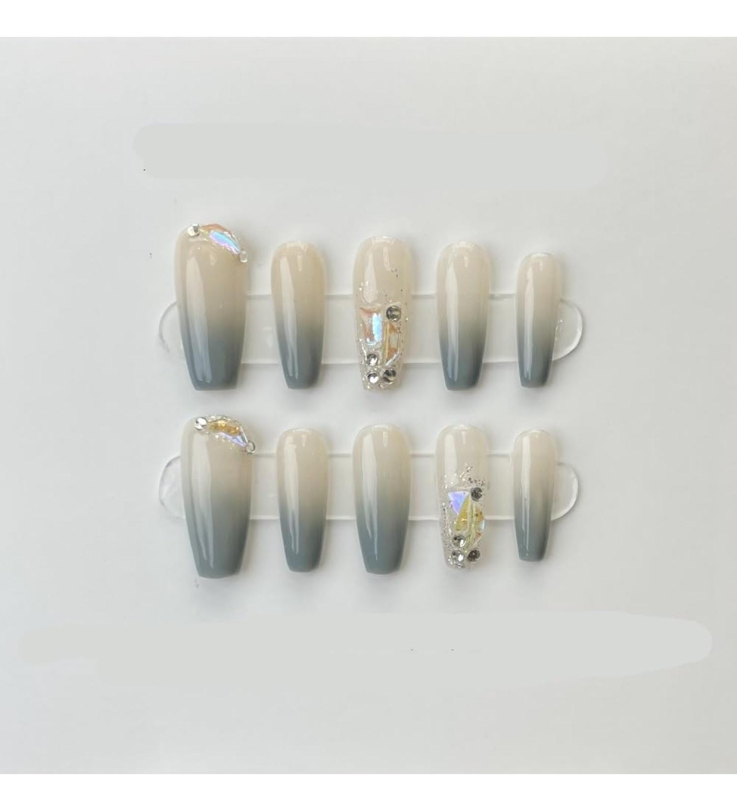 Handmade wearing armor silver glitter spicy girl manicure European and American long pointed nail shape(Color:Blue Size:XS)