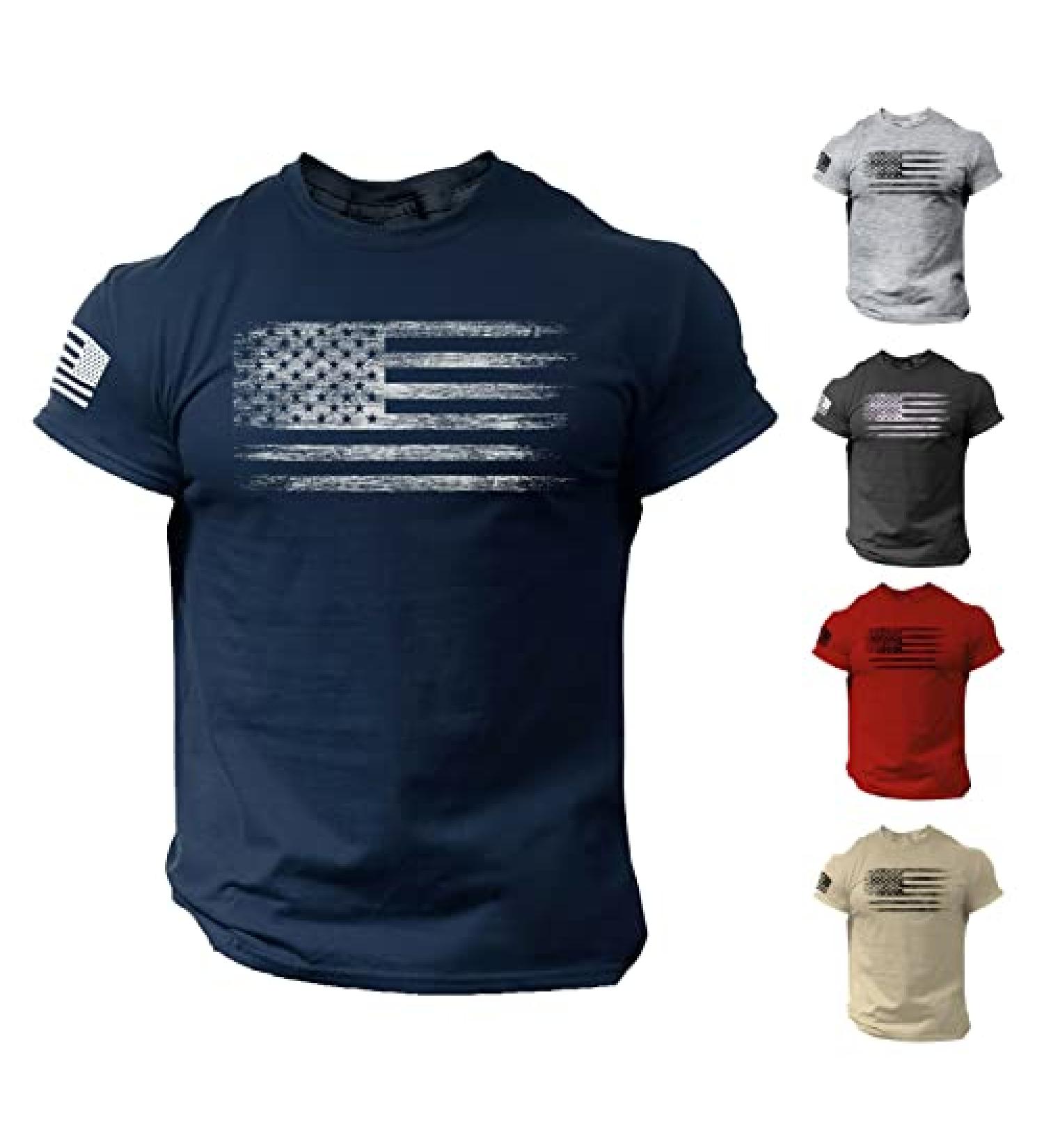 USA Distressed Flag Men's T-Shirt - Patriotic American Tee for Independence Day | Short Sleeve Crewneck Shirt - A-blue Large - Buy Online on GoSupps.com