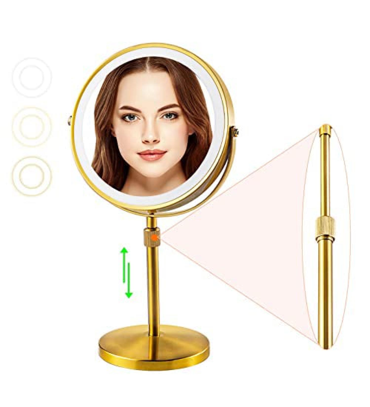 Furgatti Lighted Makeup Mirror | Height Adjustable 1x/10x Magnifying | 3 Color Light Modes | LED Vanity Mirror with Rechargeable Battery | Women's Gift | Brushed Gold - Buy Online on GoSupps.com