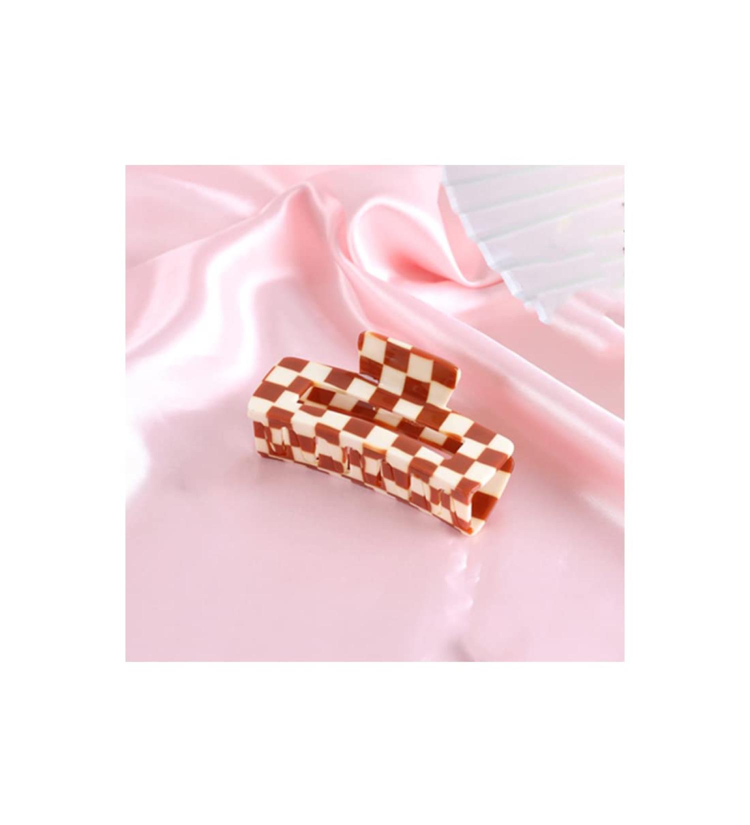 Large Hair Claw Clips for Long Hair 4.09 Big Claw Clips Checkered Hair Claws Rectangle Hair Accessories for Women YOEMAYUNER (1PC BROWN)