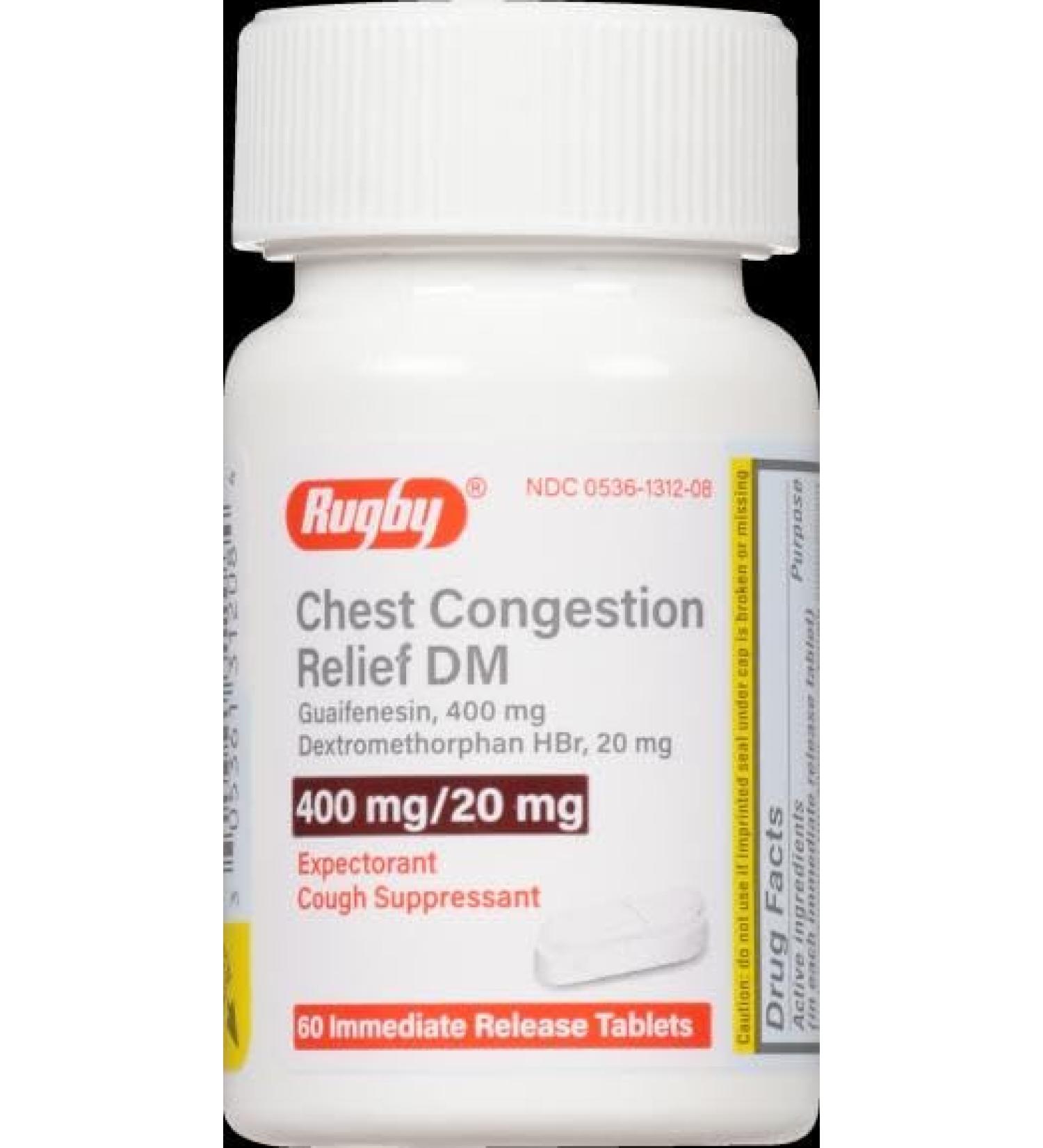 Rugby Chest Congestion Relief DM Guaifenesin 400 mg/Dextromethorphan HBr 20 mg Expectorant Cough Suppressant - 60 Immediate Release Tablets