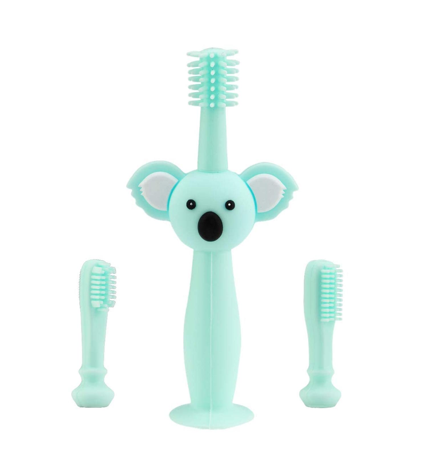 Vicloon Silicone Toothbrush for Babies | Koala Head Handle Suction Cup Design Protective Ring Storage Box & 2 Interchangeable Brush Heads - International Shipping Available - Buy Online on GoSupps.com