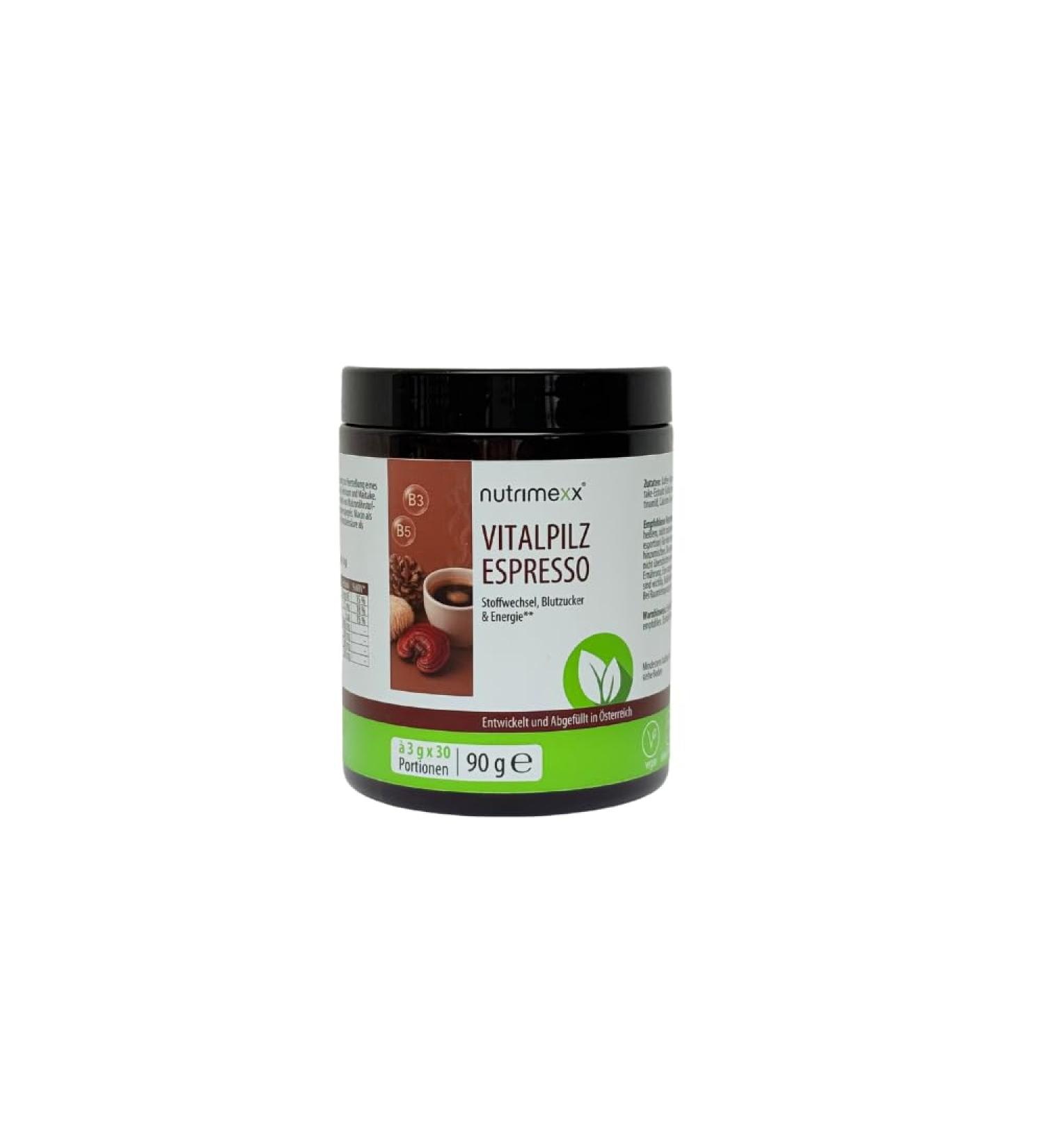 Nutrimexx VitalPilz Espresso Instant Coffee Powder with Reishi Hericium and Maitake Sugar Gluten and Lactose Free Natural Alternative to Coffee with Micronutrients for Energy and Concentration 90g