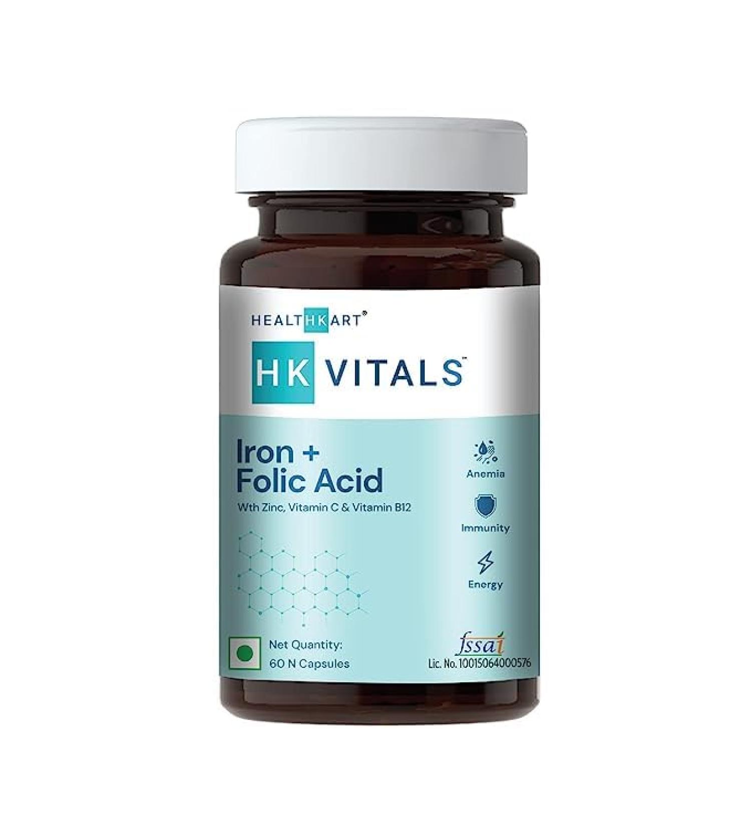 YHN HK Vitals Iron + Folic Acid Supplement - Supports Blood Building, Immunity & Energy - 60 Tablets - Buy Online on GoSupps.com