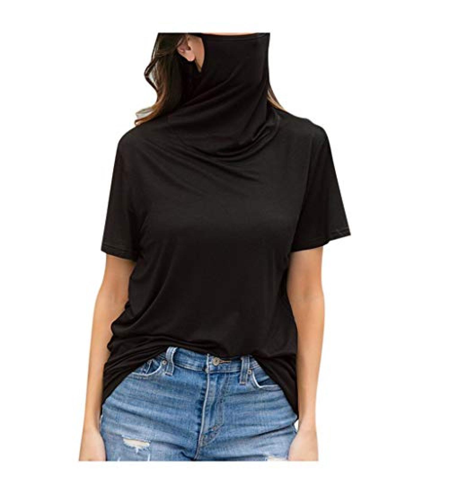WUAI Women's Plus Size Short Sleeve T-Shirt with Face Mask - Casual Loose Fit Round Neck Top Blouse in Black (X-Large) - Buy Online on GoSupps.com