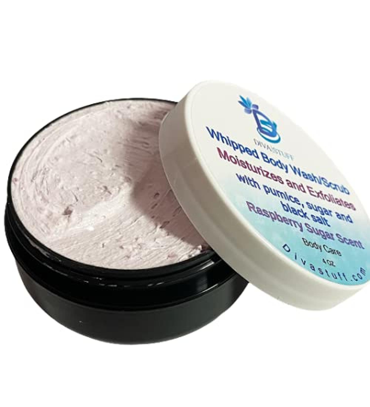 Diva Stuff Whipped Body Wash/Scrub With Pumice Sugar and Black Salt Exfoliates Dead Skin Raspberry Sugar Scent 4 oz