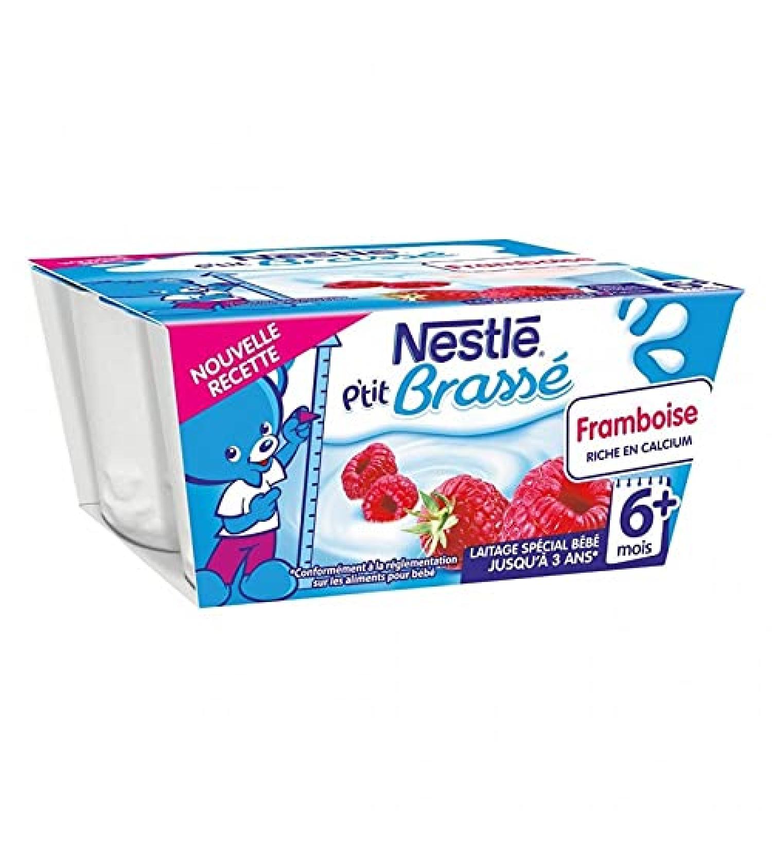 Nestlé P'tit Brassé Raspberry Rich in Calcium (6 Months+ Months) 4 x 100g Pots (Pack of 8 or 32 Pots)