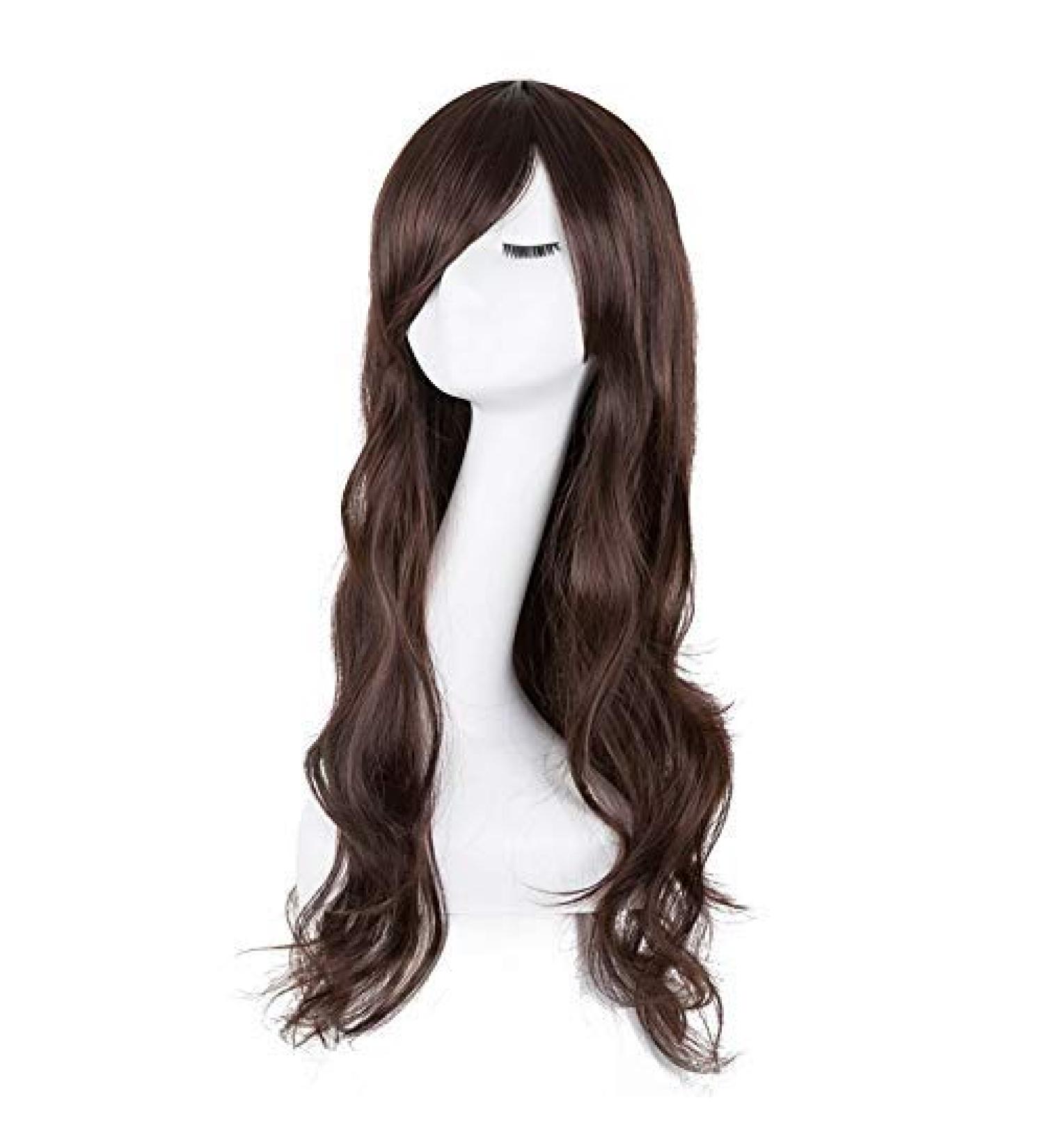 LFMDJF Curly Wigs Synthetic Heat Resistant Fiber Long Light Brown Hair Inclined Hairpiece Costume Hairset 24inches #1B Brown
