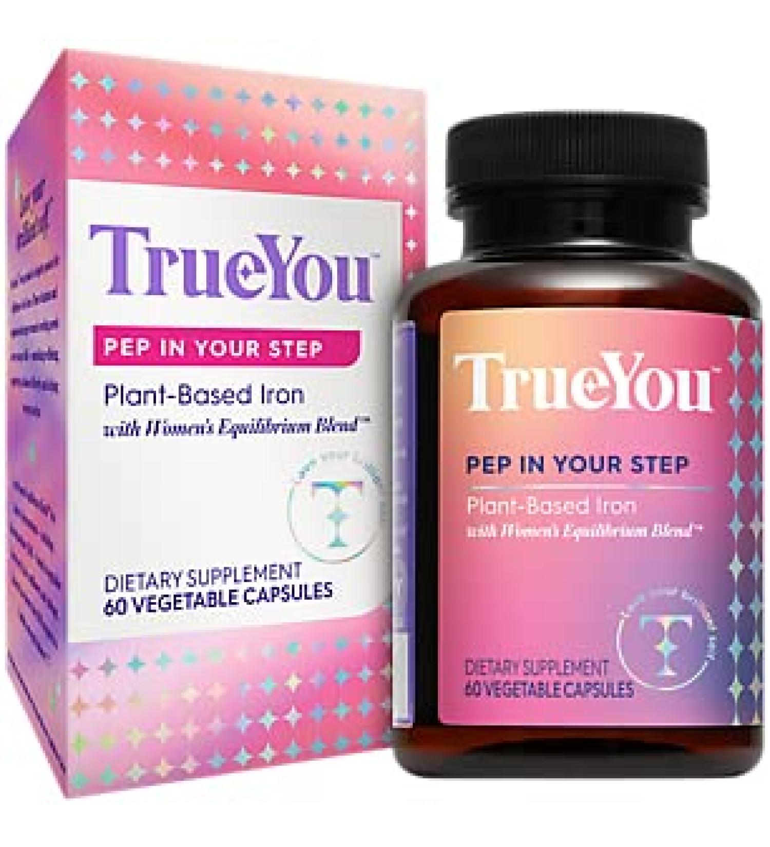 TrueYou Pep in Your Step Plant-Based Iron Supplement with B12, Folate & Vitamin C - 60 Vegetable Capsules - Buy Online on GoSupps.com