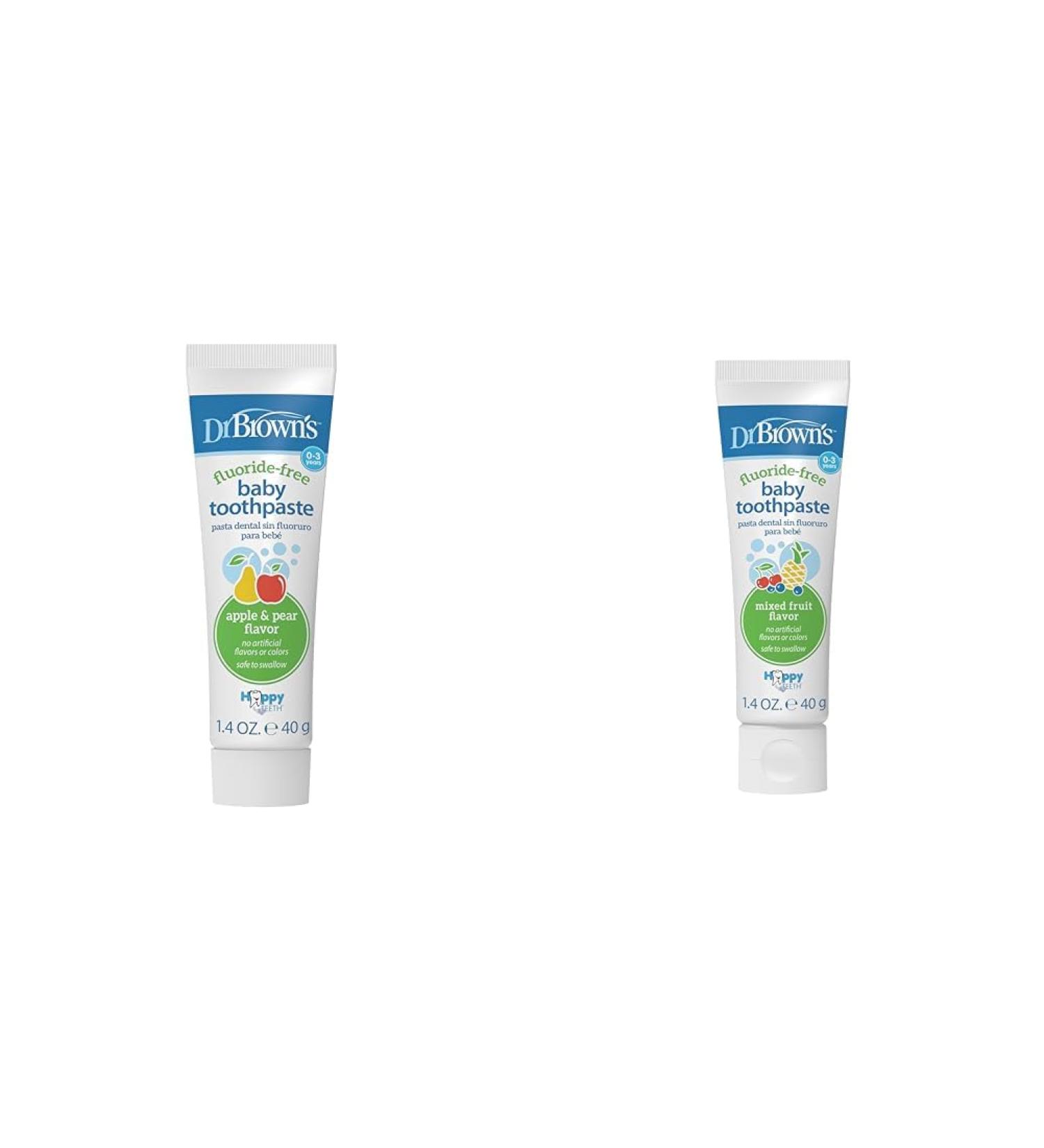Dr. Brown's Fluoride-Free Baby Toothpaste Infant and Toddler Oral Care 1.4oz/40g 0-3 Years Apple Pear/Mixed Fruit 2 -Pack Variety Pack Strawberry/Apple Pear