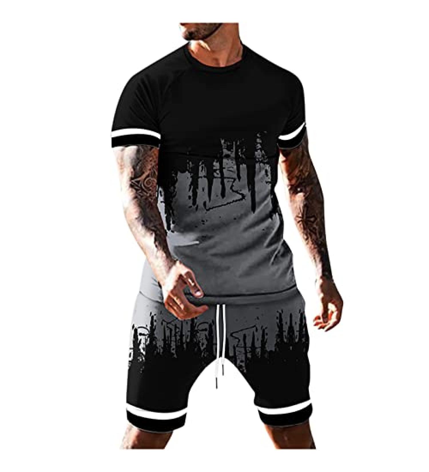 Men's Tie Dye Workout Set - Gray Large | 2 Piece Casual Sports Shirt & Shorts | Athletic Jogging Outfits | Sportswear - Buy Online on GoSupps.com