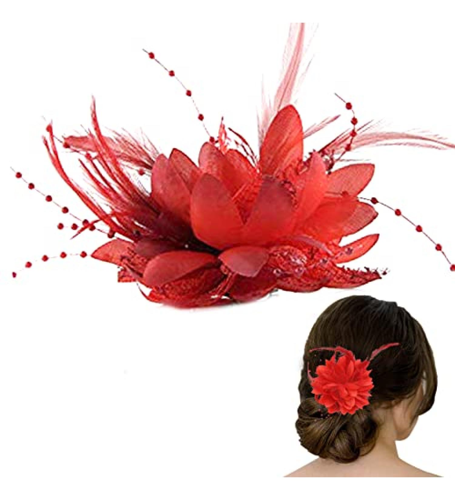 Kentucky Derby Fascinators for Women Red Fascinator Elegant Feather Flower Hair Clip Fascinators Corsage Beaded Beak Hair Clip Brooch Ideal Hair Accessories for Women and Girls Birthday Bridal - Buy Online on GoSupps.com