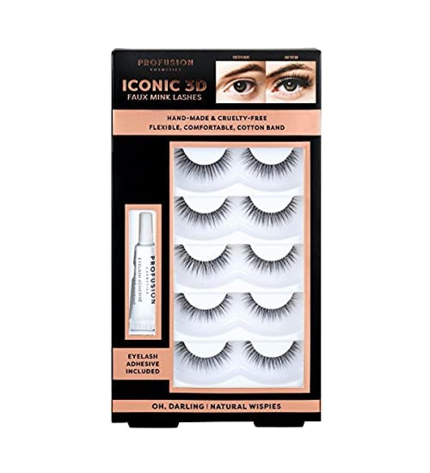 Profusion Cosmetics Iconic 3D Faux Mink Lash Set with Adhesive - 5 Pairs of Lightweight, Natural, and Reusable False Lashes - Cat Eye Wispies for Fluffy, Soft, and Radiant Eyes - Buy Online on GoSupps.com
