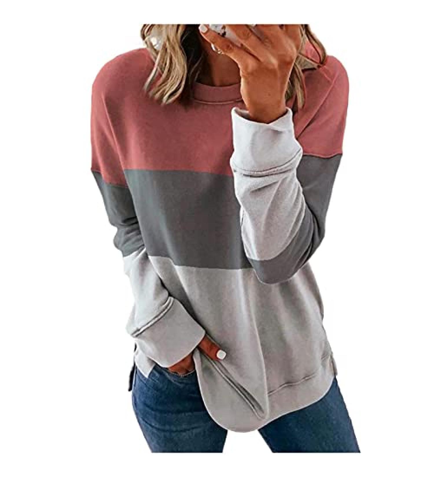 AMIMOJY Color Block Crewneck Sweatshirt for Women | Long Sleeve Fashion Shirt | Pink | Small - Buy Online on GoSupps.com