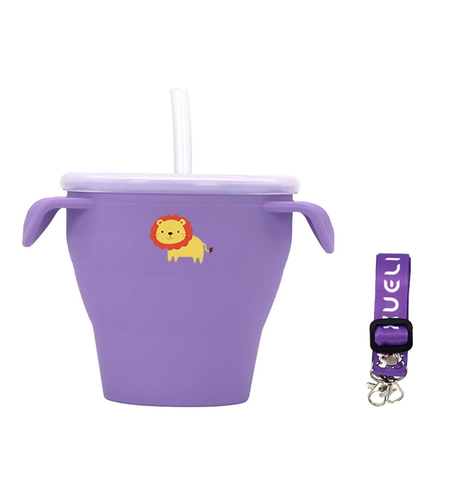 Collapsible Silicone Snack Cup for Kids 3+ | Spill-proof with Lid, Straw, & Strap | Perfect for On-the-Go Snacking | BPA-Free - Purple - Buy Online on GoSupps.com